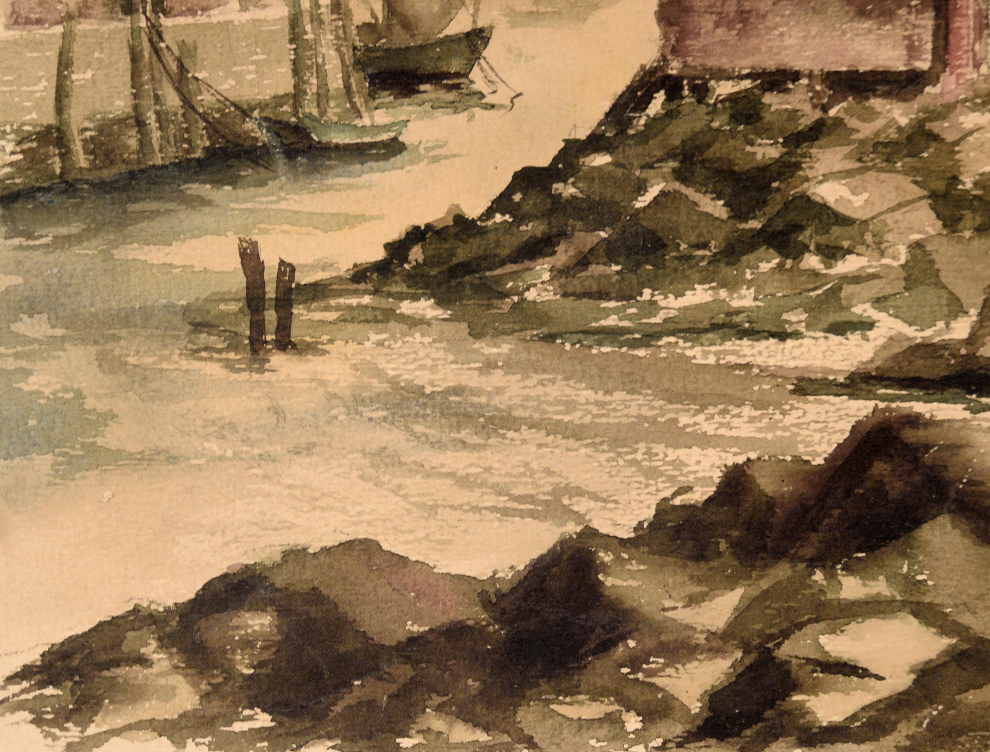 Fishing Village in Gloucester Harbor, 1950 - Watercolor on Paper For Sale 2