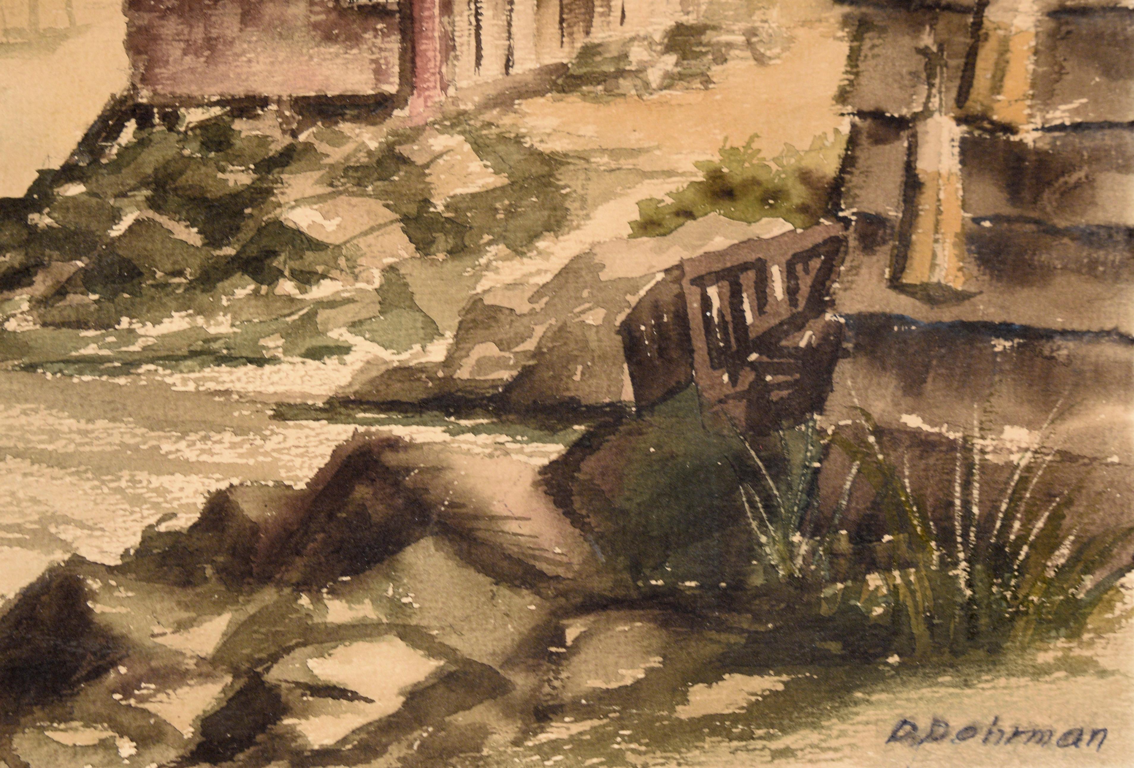 Fishing Village in Gloucester Harbor, 1950 - Watercolor on Paper For Sale 1