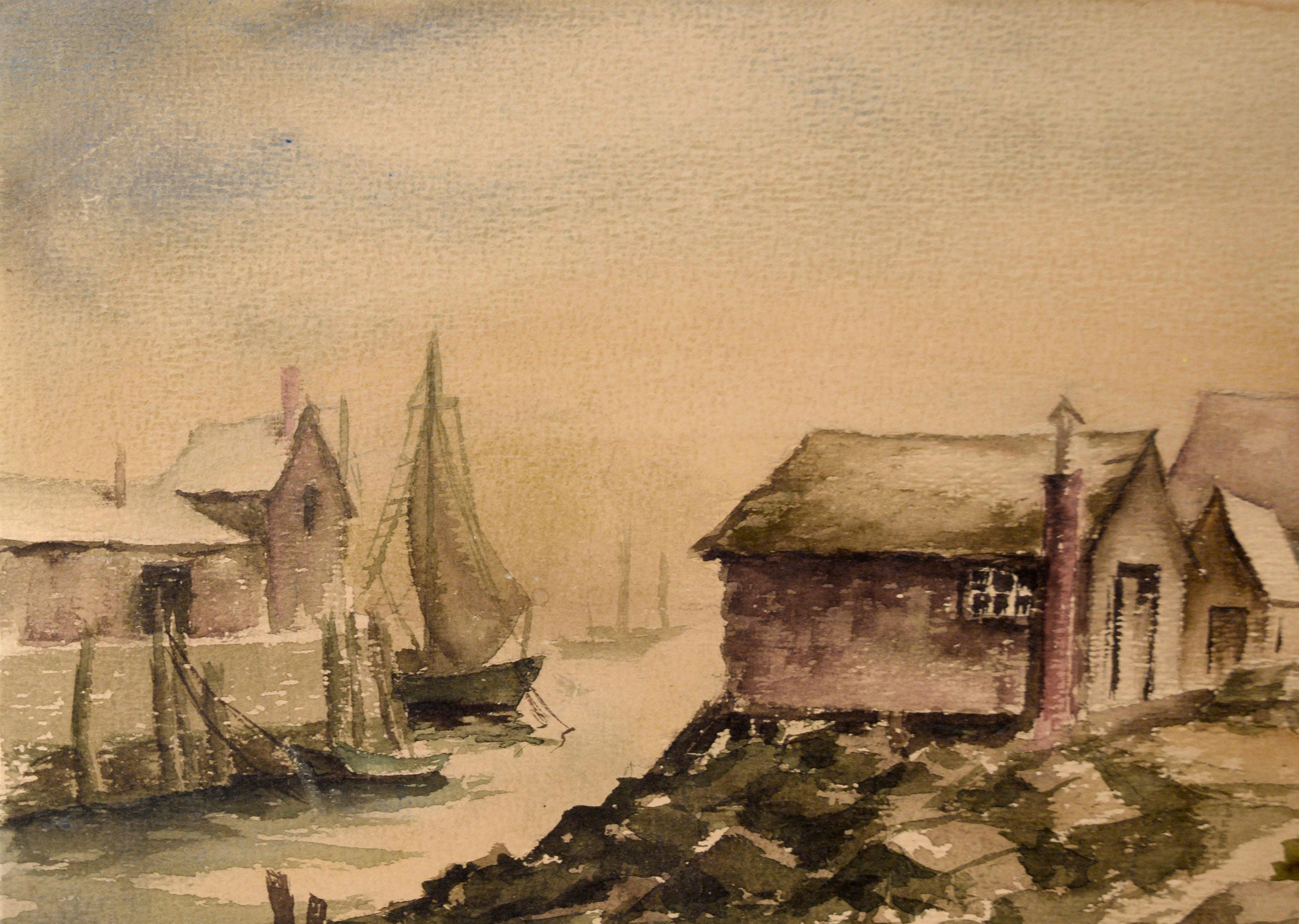 Fishing Village in Gloucester Harbor, 1950 – Aquarell auf Papier (Impressionismus), Art, von Unknown
