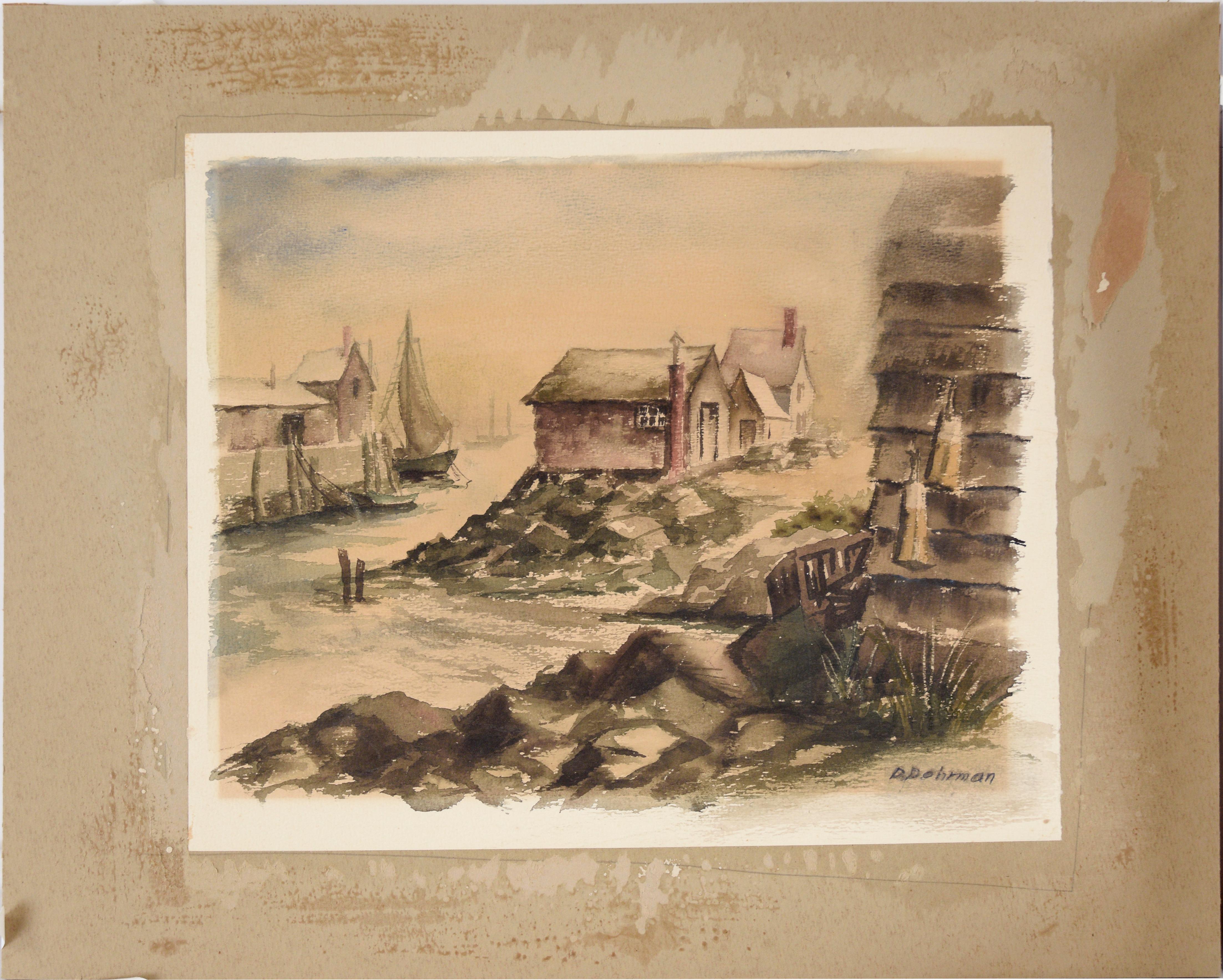 Fishing Village in Gloucester Harbor, 1950 - Watercolor on Paper For Sale 3