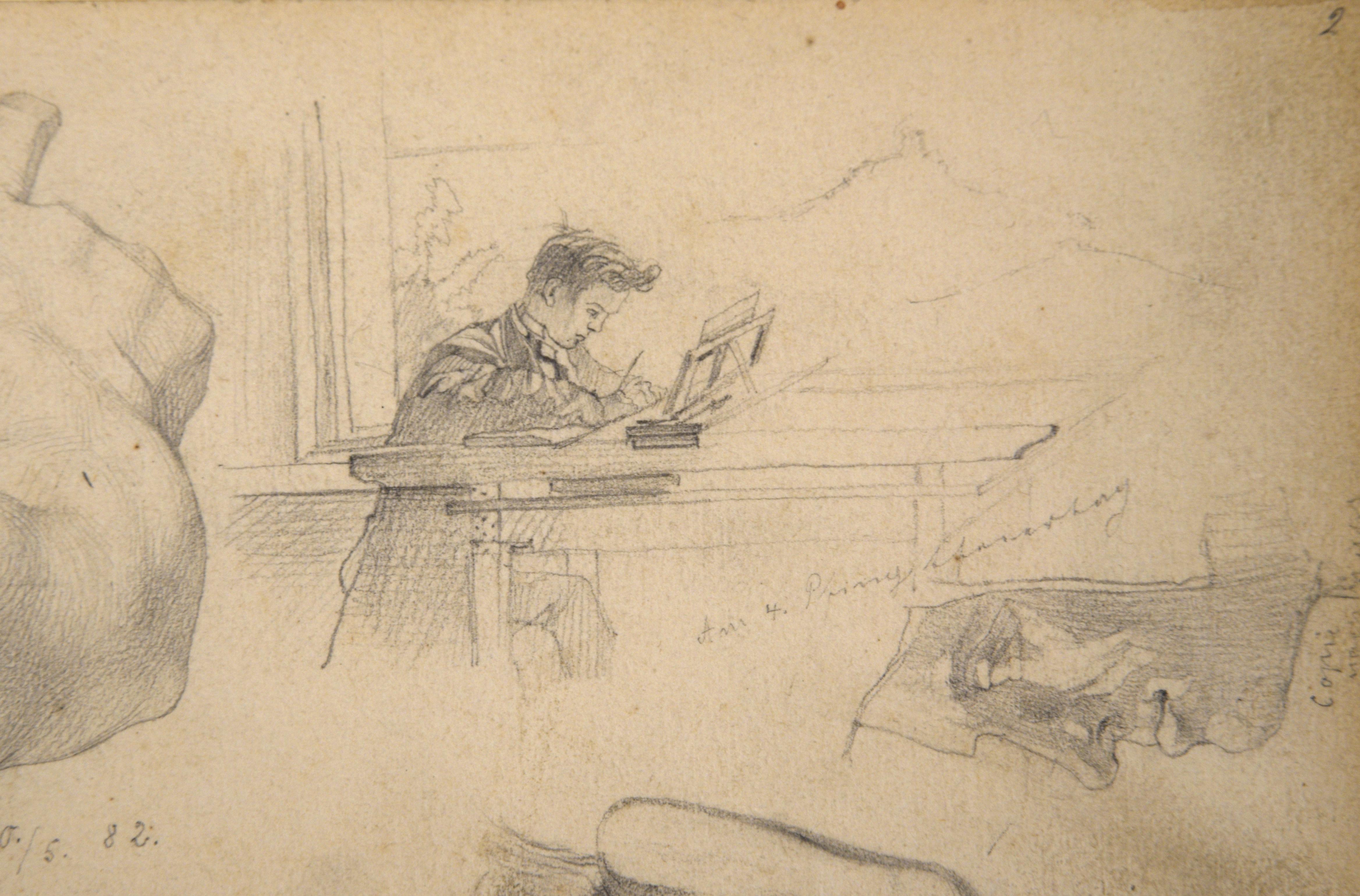 Sketchbook Page with Figures and Anatomical Details in Pencil on Paper

Drawings of a man at a desk and other figurative sections by an unknown artist (19th Century). On the left side of the page, there is a shoulder, arm, and hand, pointing away