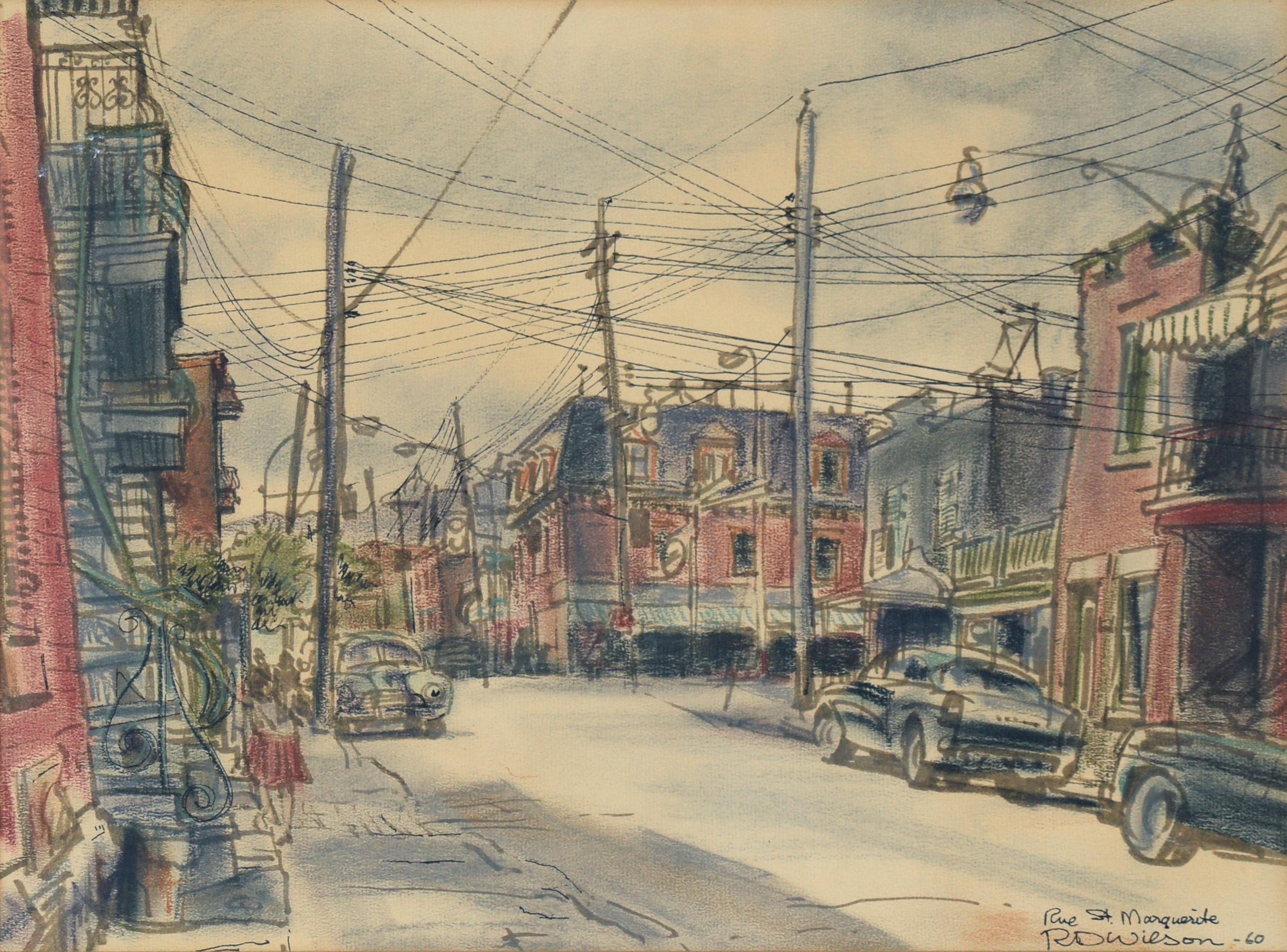 « Rue St. Marguerite », rue de Montréal, aquarelle, crayon coloré et encre d'Inde - Painting de Richard Dinnis Wilson
