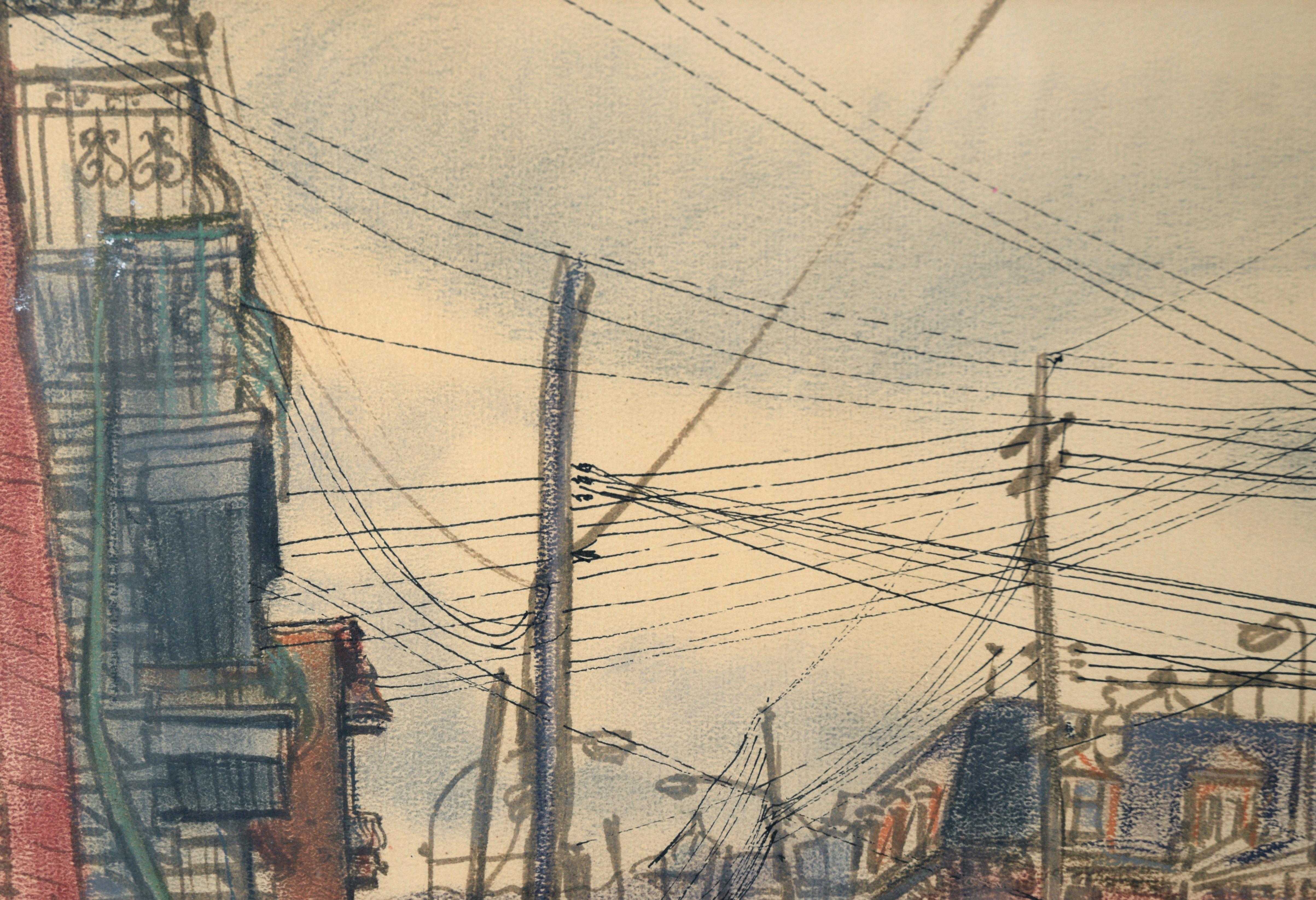 « Rue St. Marguerite », rue de Montréal, aquarelle, crayon coloré et encre d'Inde - Impressionnisme Painting par Richard Dinnis Wilson
