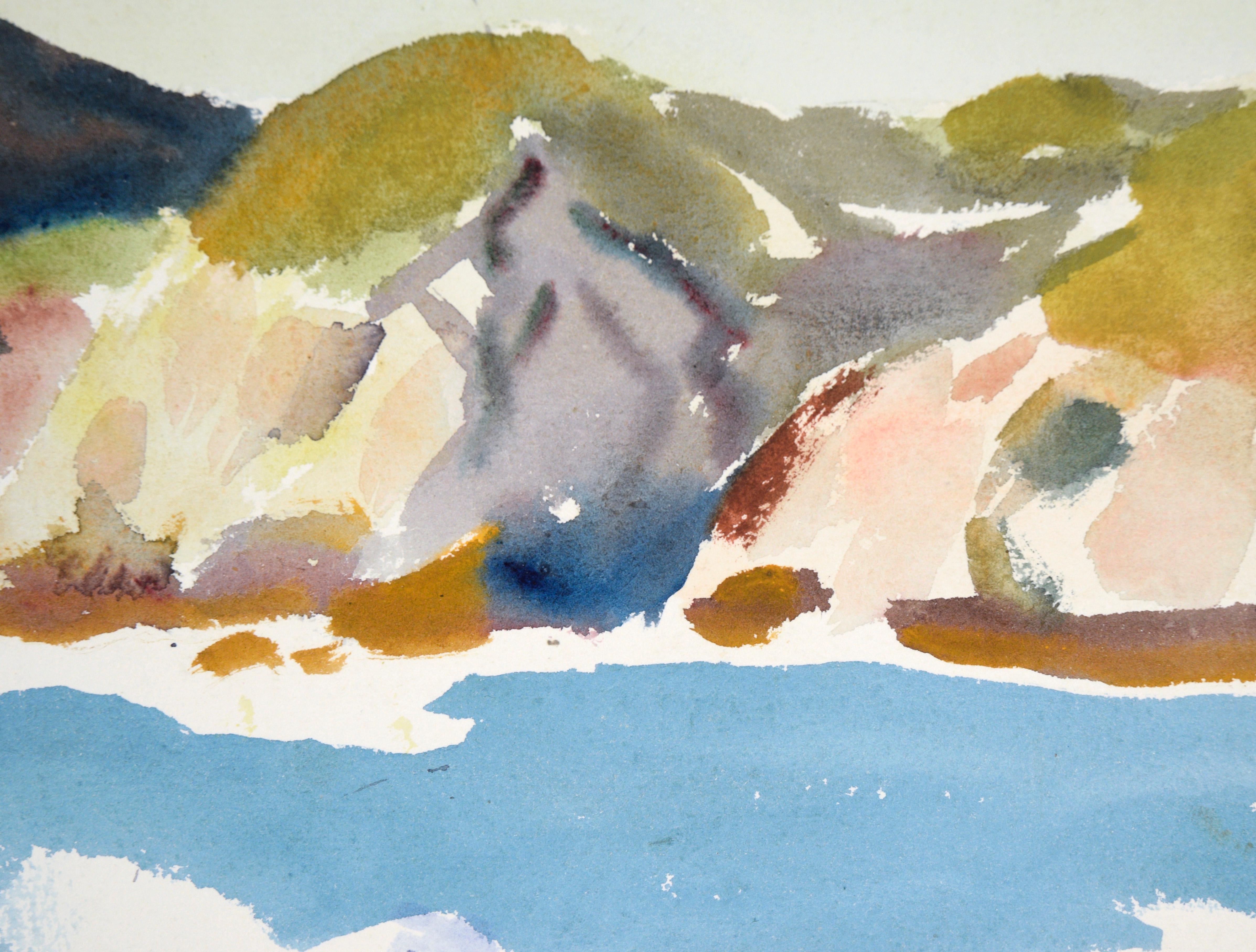 Big Sur Coast Landscape in Watercolor on Paper

Serene coastal landscape by notable artist Paul Dougherty (American, 1877-1947). The viewer looks out over the ocean, along the coastline. There are large, sloping cliffs leading from yellow-green tops