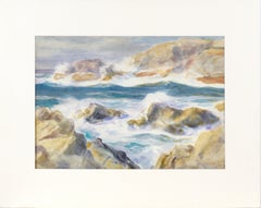 Antique Rocky California Seascape in Watercolor on Paper