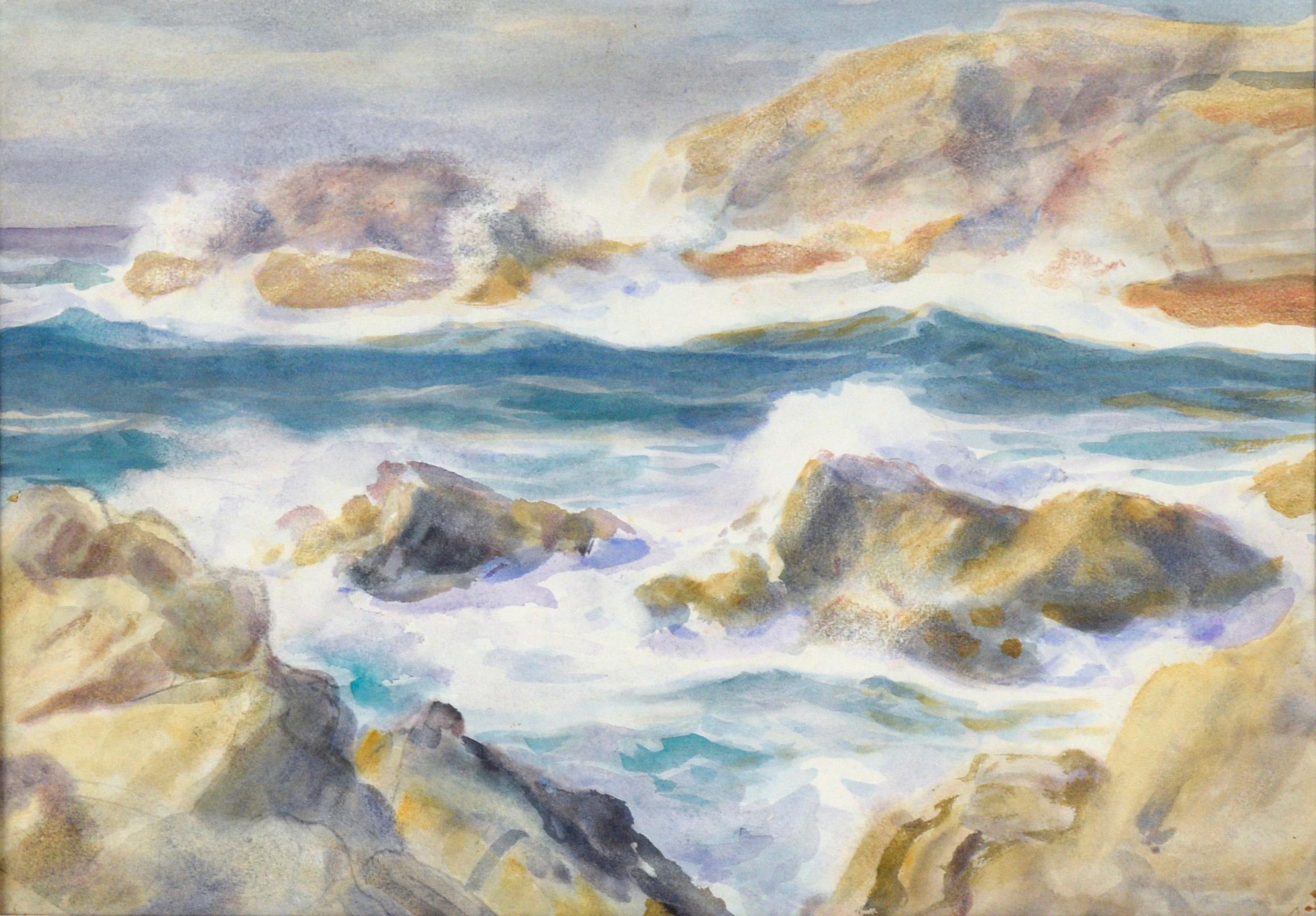 Paesaggio marino roccioso della California in acquerello su carta - Art di Paul Dougherty