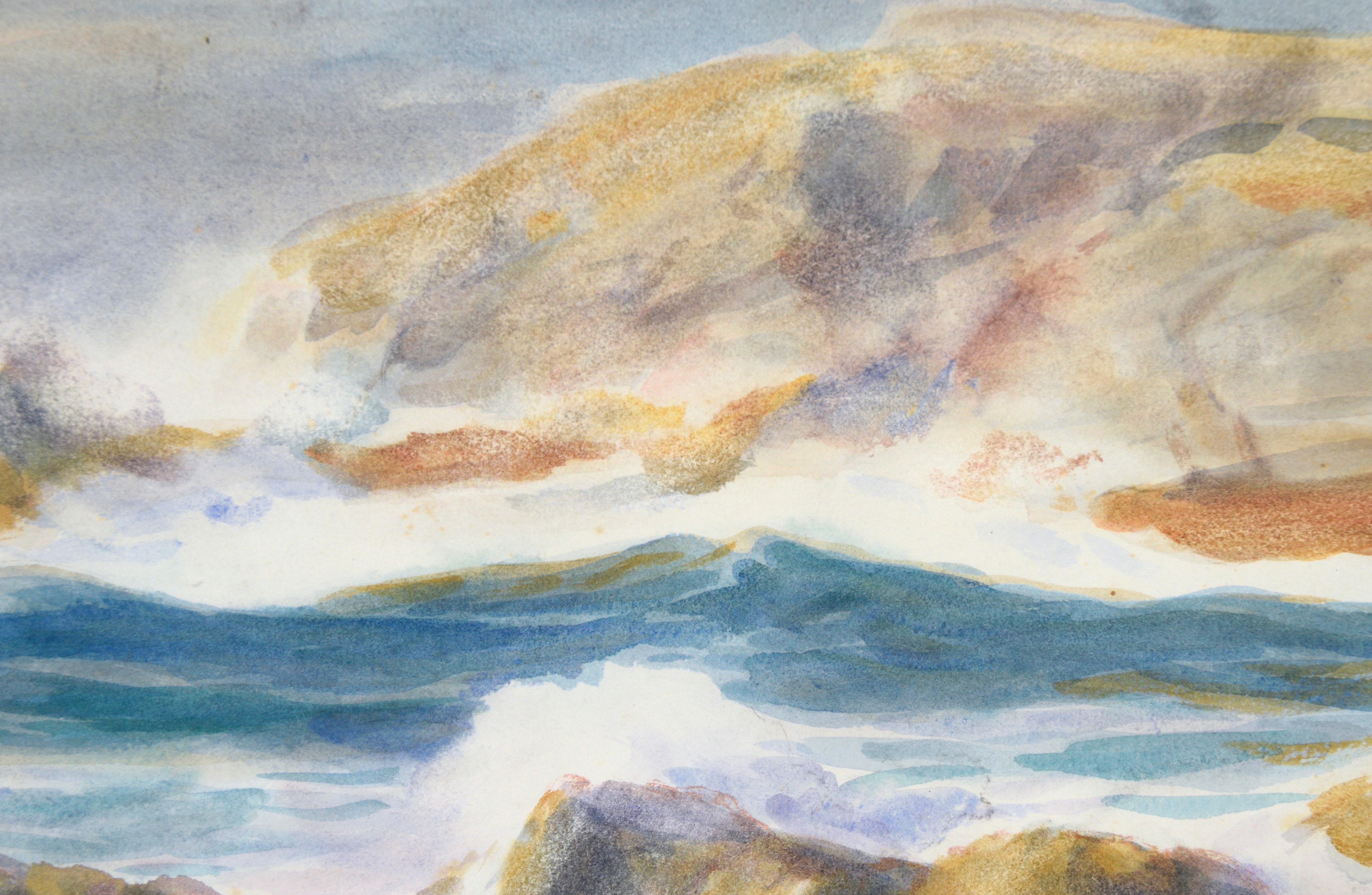 Rocky California Seascape in Watercolor on Paper

Dramatic coastal landscape by notable artist Paul Dougherty (American, 1877-1947). Waves are churning and swirling around partially submerged rocks. Dougherty has used negative space to show the