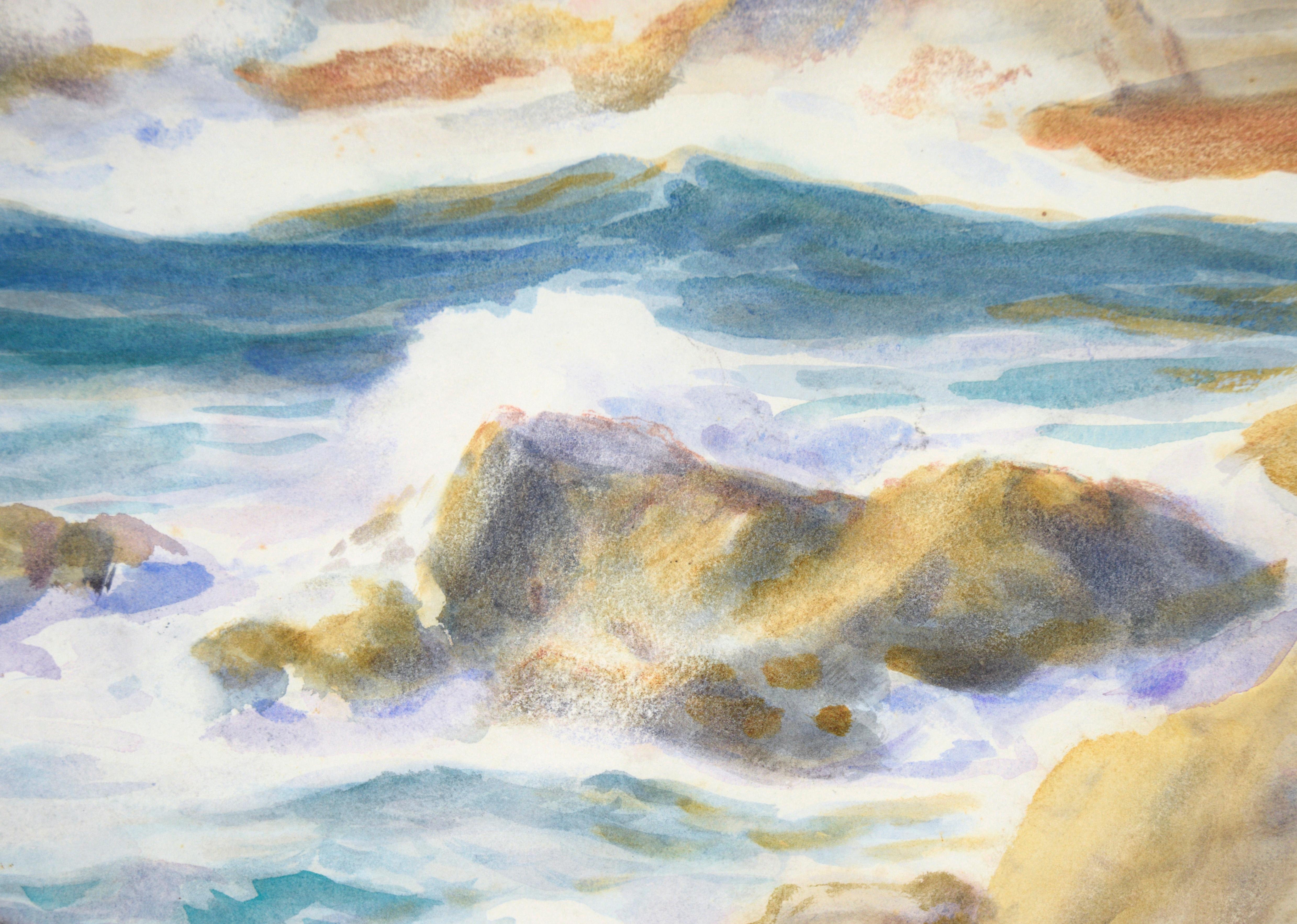 Rocky California Seascape in Watercolor on Paper For Sale 1