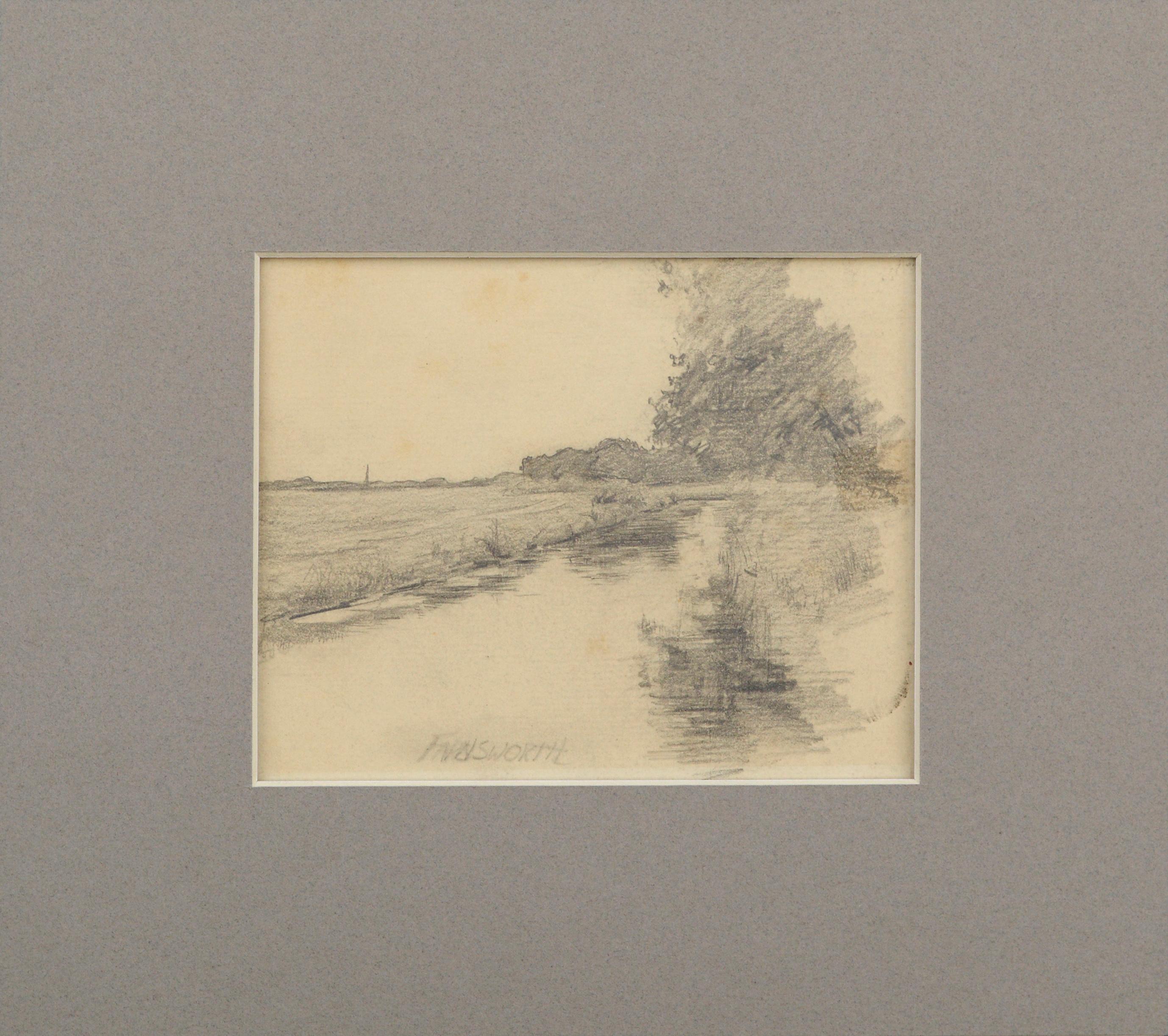 Reflections in the Pond 19th Century Pencil Drawing by Alfred Villiers Farnsworth
19th century drawing in pencil of reflections in a pond by Alfred Villiers Farnsworth (American/English, 1858 - 1908) 
signed "Farnsworth" at the bottom edge.