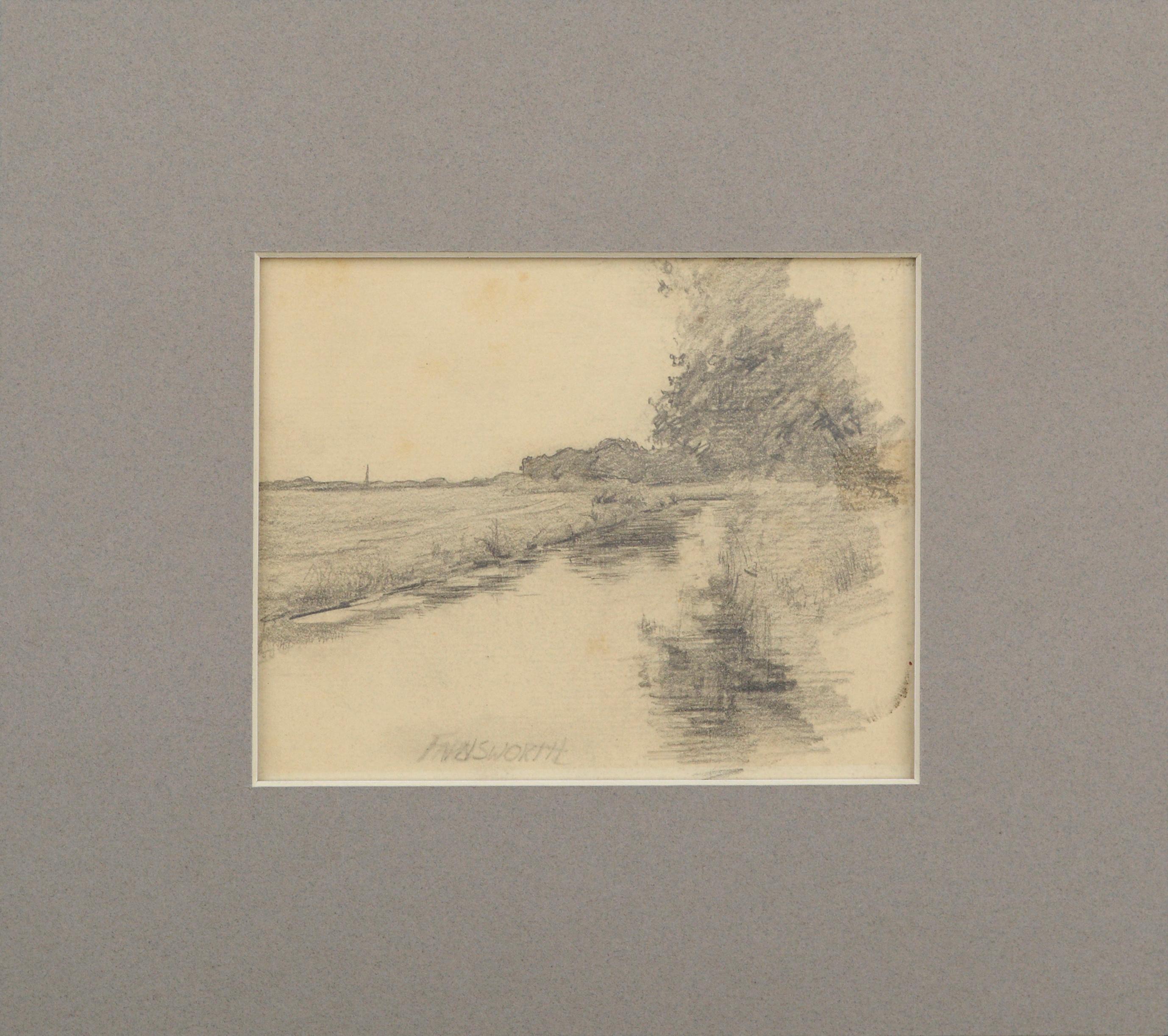 Landscape Art Alfred Villiers Farnsworth - Reflets dans un étang Dessin au crayon du 19e siècle par Alfred Farnsworth