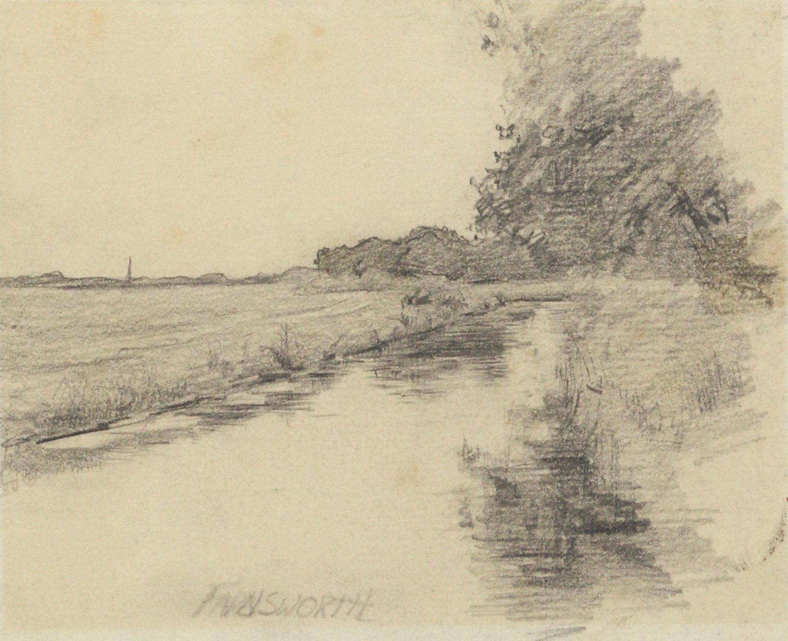 Reflections in a Pond 19th Century Pencil Drawing by Alfred Villiers Farnsworth For Sale 1