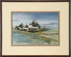 Retro Farmhouse Amador Foothills - Rural California Landscape in Watercolor on Paper