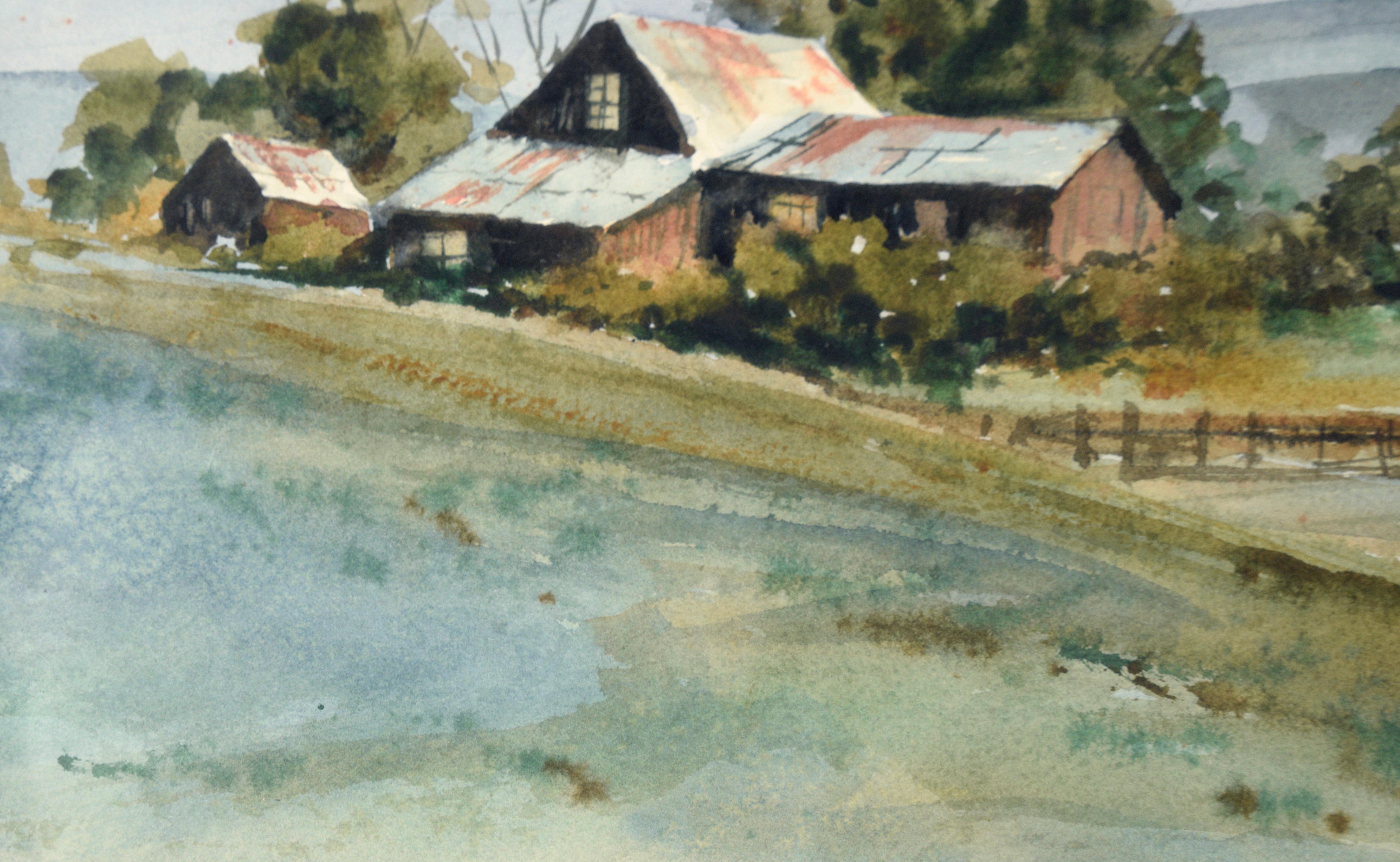 Farmhouse Amador Foothills - Rural California Landscape in Watercolor on Paper For Sale 2