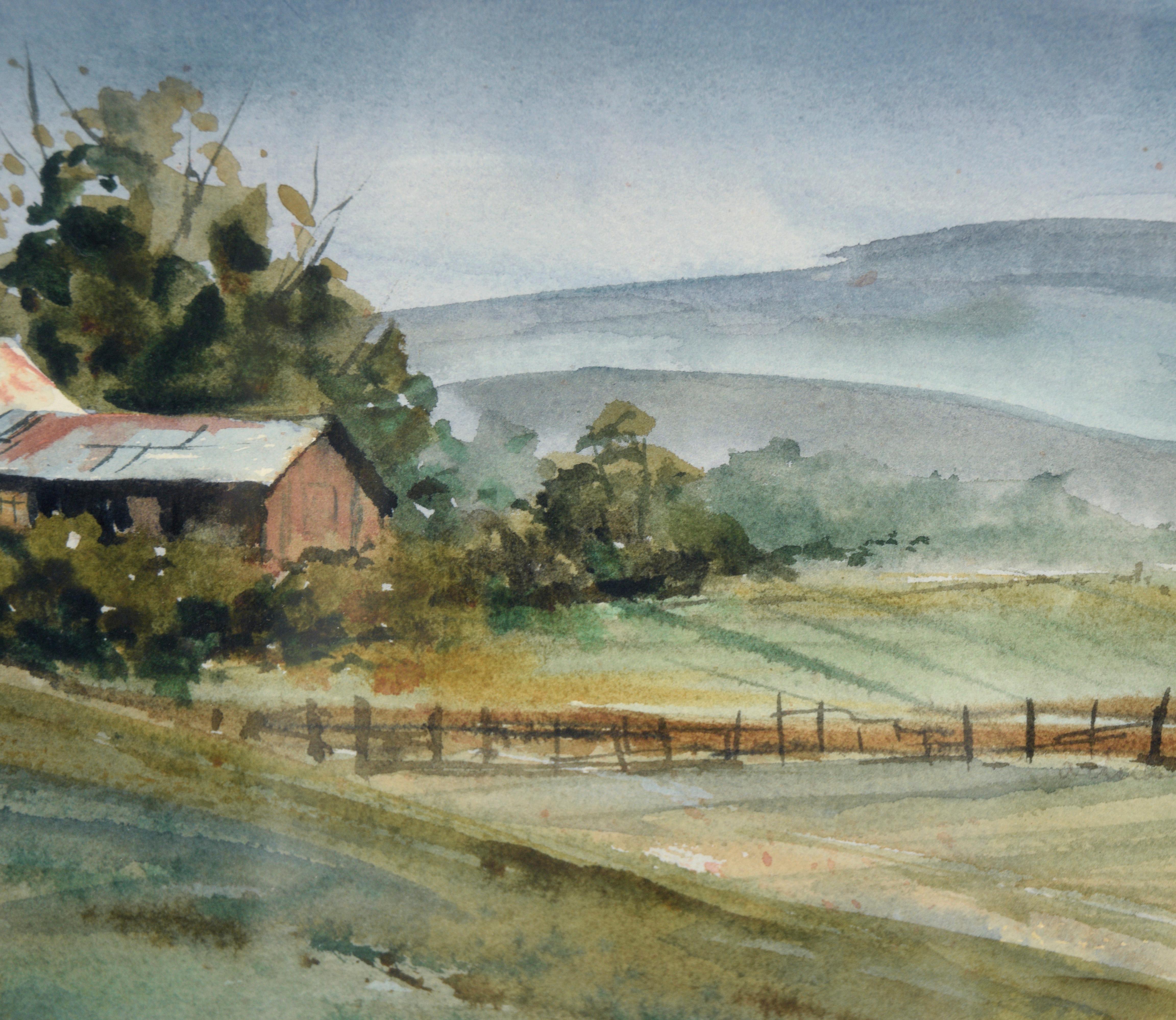 Farmhouse Amador Foothills - Rural California Landscape in Watercolor on Paper For Sale 1