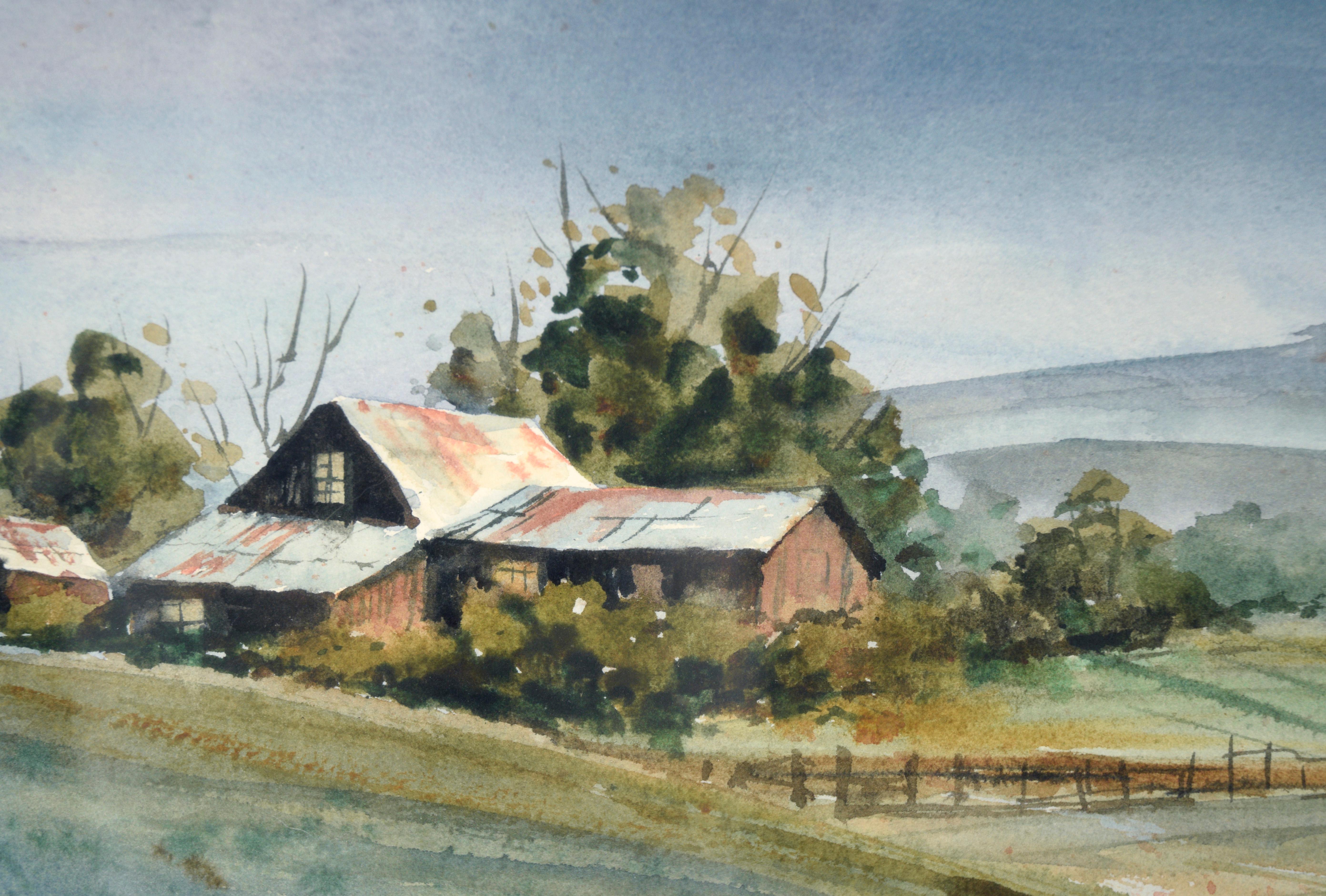 Farmhouse in the Foothills - Rural California Landscape in Watercolor on Paper

Idyllic country landscape by California artist Alice Duke (American, 1921-2012). Amador County California. A rustic farmhouse sits at the bottom of a sloping hill at