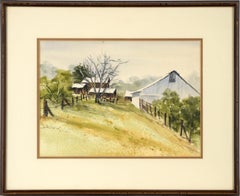 Vintage Grey Barn and Brown House - Rural California Landscape in Watercolor on Paper