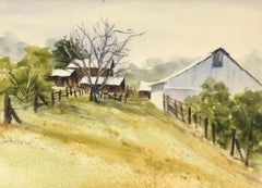 Grey Barn and Brown House - Rural California Landscape in Watercolor on Paper