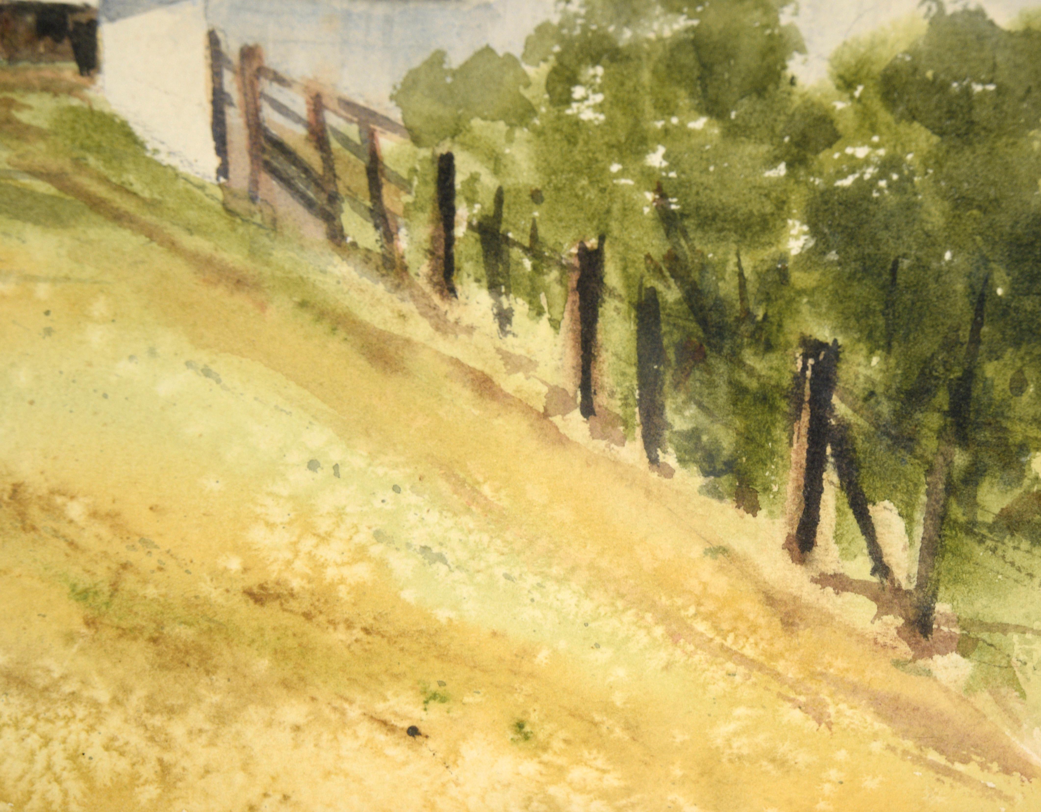 Grey Barn and Brown House - Rural California Landscape in Watercolor on Paper For Sale 3