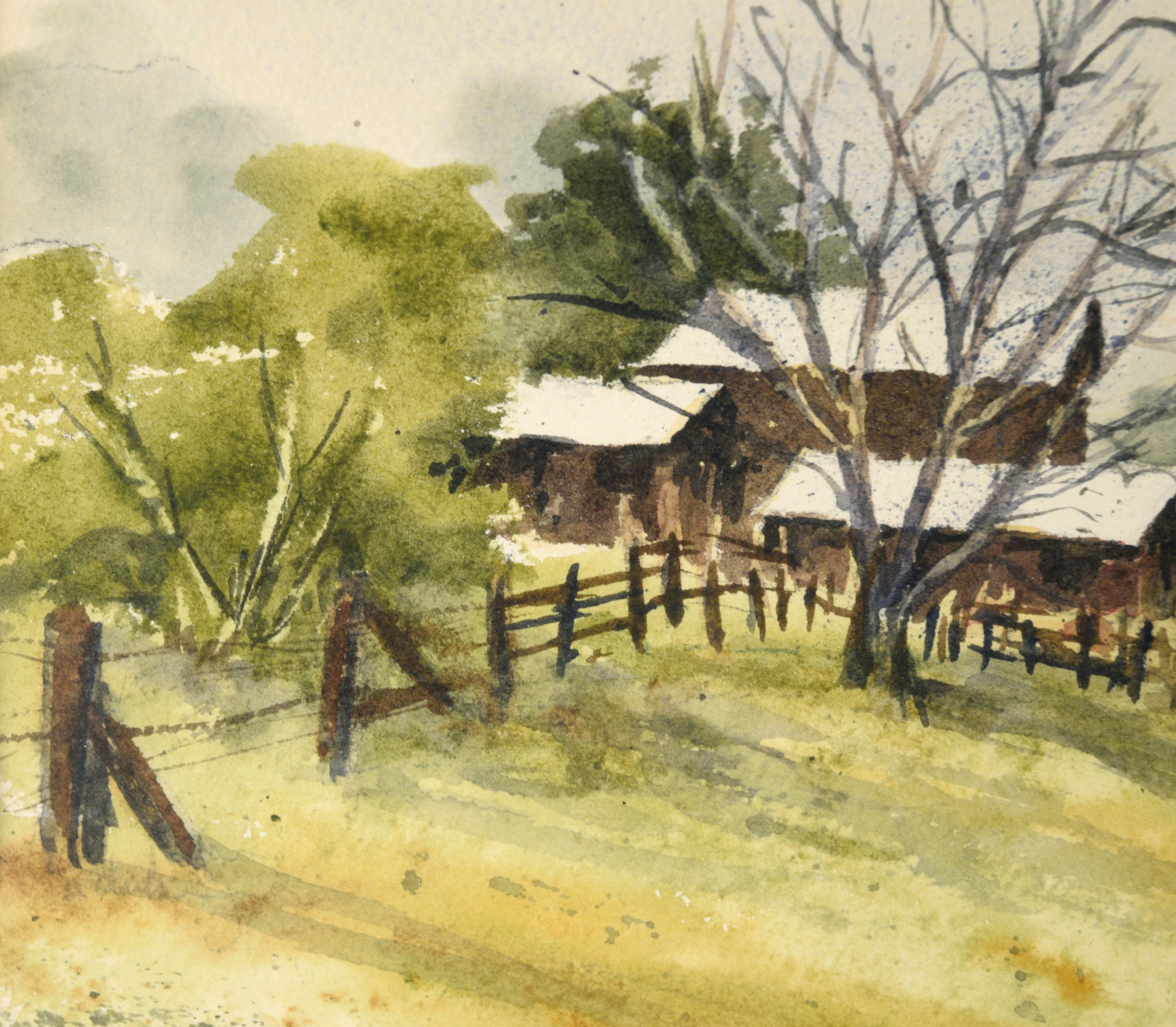 Grey Barn and Brown House - Rural California Landscape in Watercolor on Paper For Sale 1