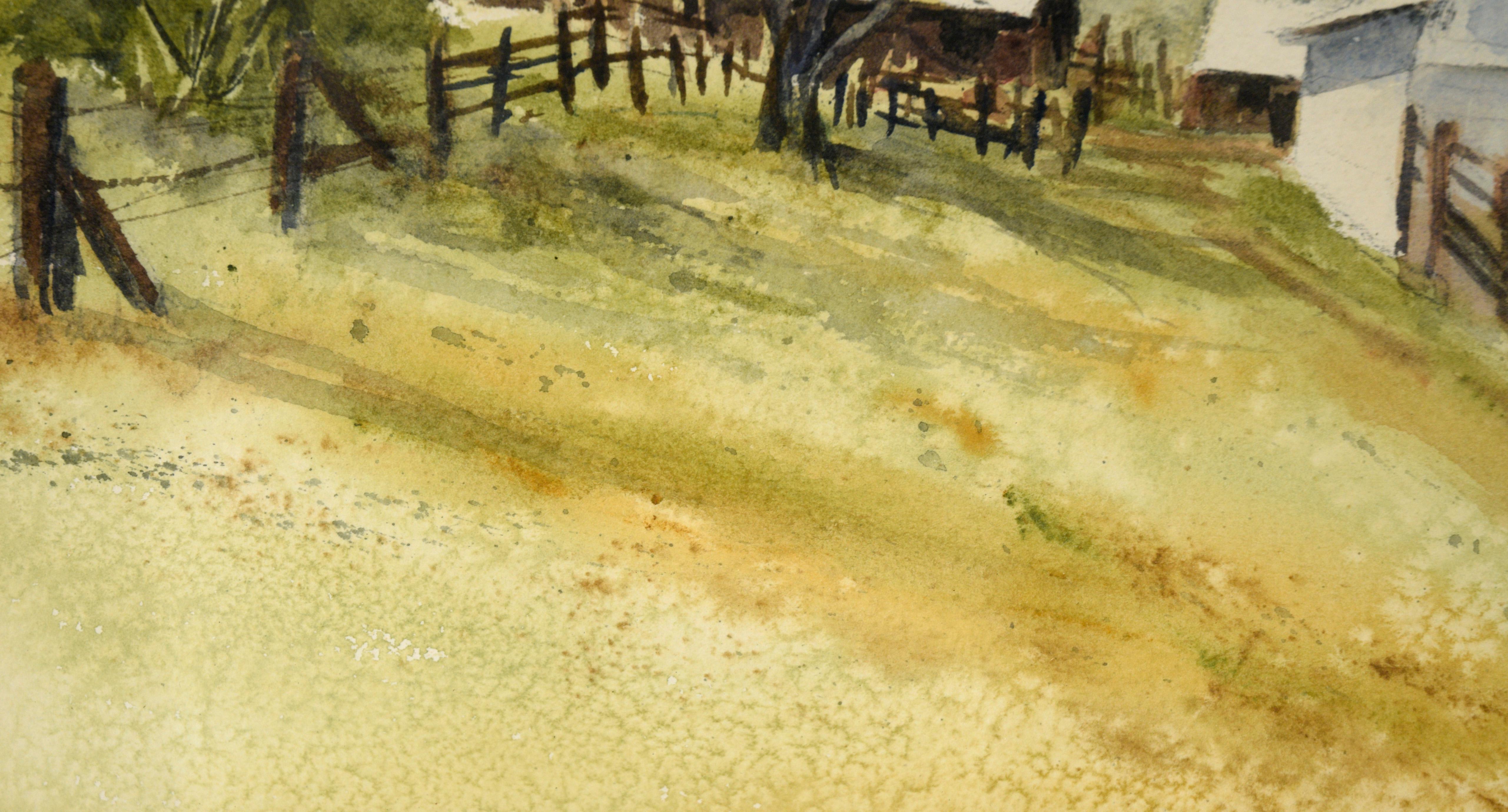 Grey Barn and Brown House - Rural California Landscape in Watercolor on Paper For Sale 2