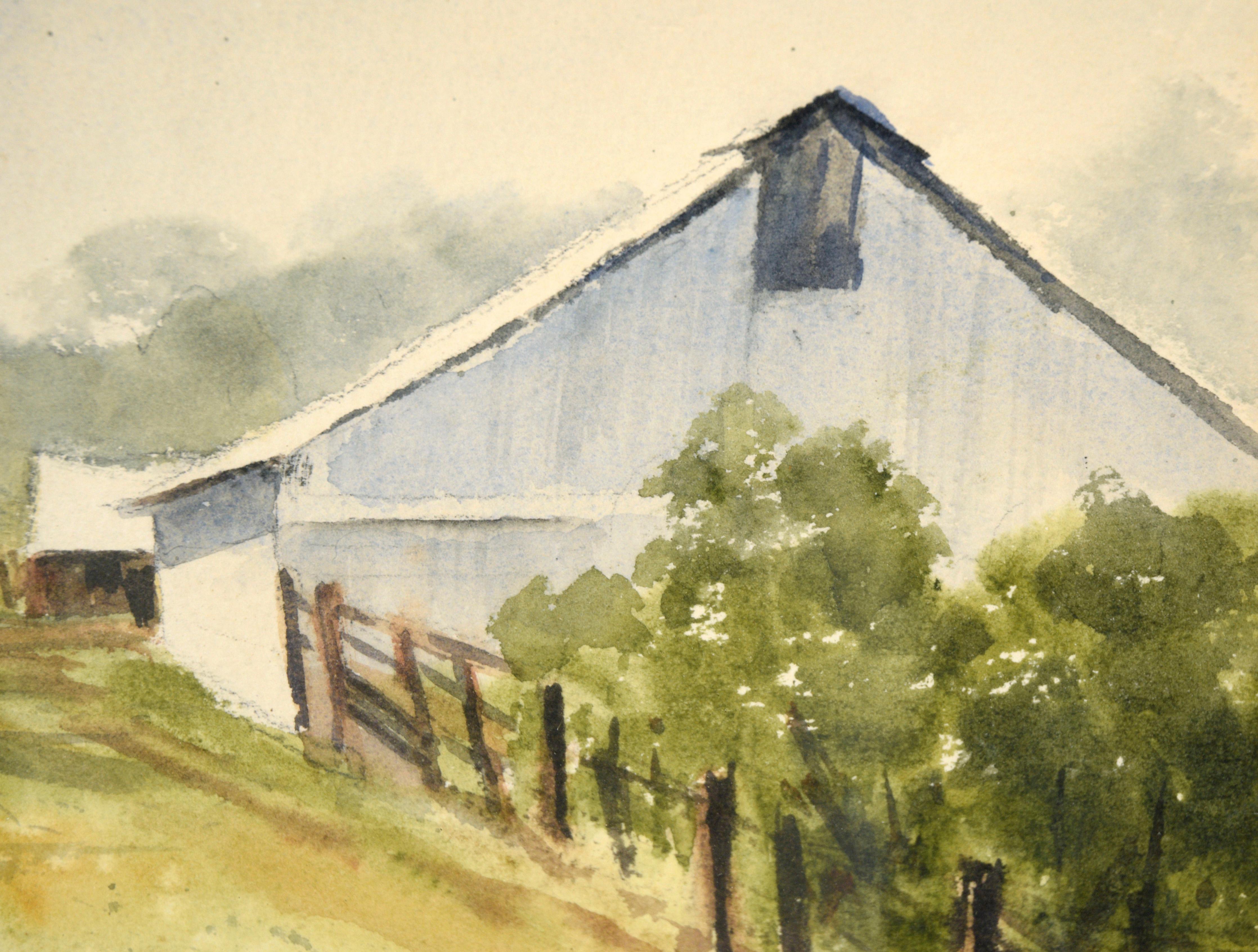 Grey Barn and Brown House - Rural California Landscape in Watercolor on Paper

Serene country landscape by California artist Alice M. Duke (American, 1921-2012). A brown farmhouse is at the left side of the composition, on top of a slight hill. To