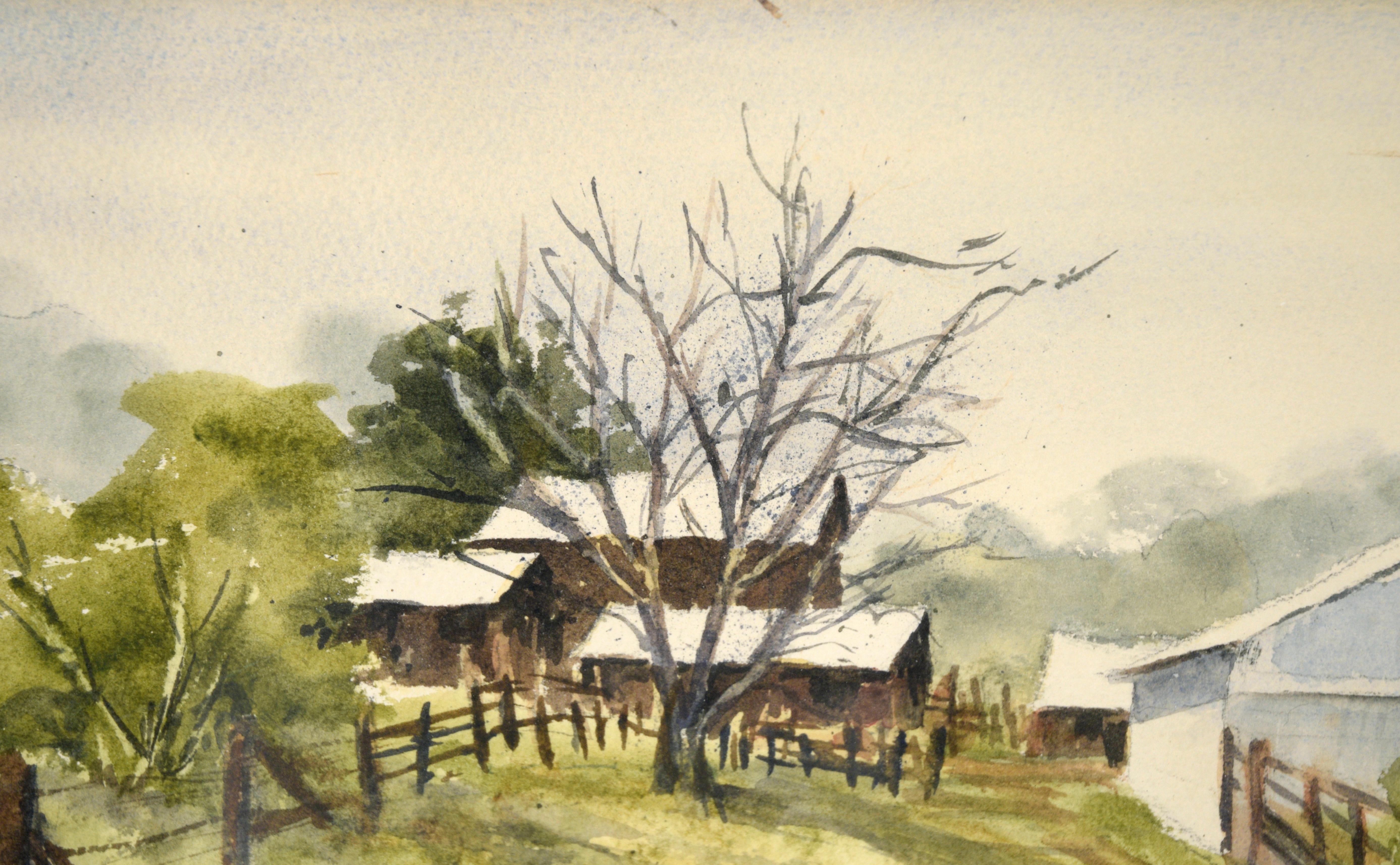 Grey Barn and Brown House - Rural California Landscape in Watercolor on Paper - American Impressionist Art by Alice Duke