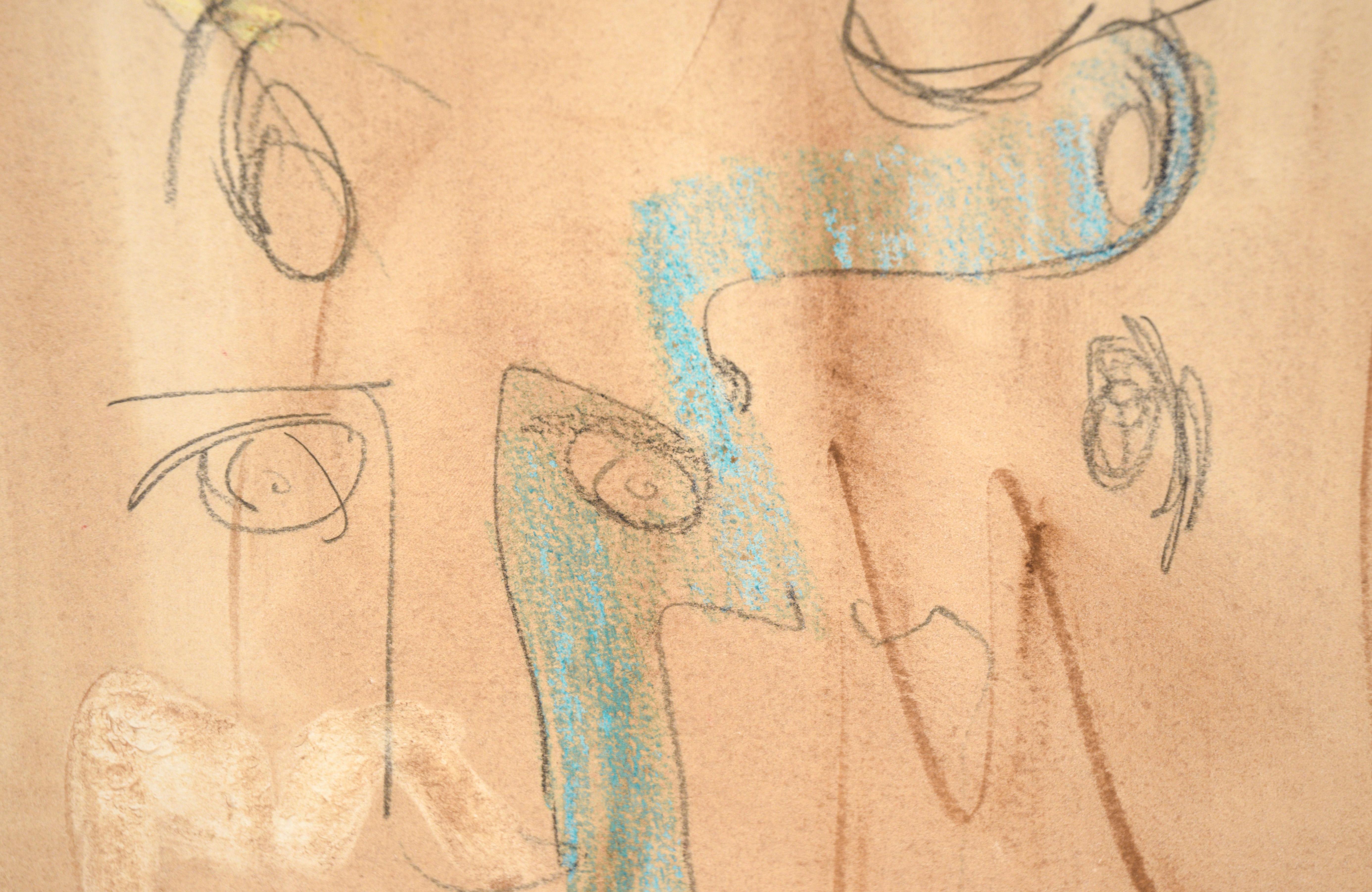 Aquarelle abstraite « The Eyes Have It » (Les yeux l'ont ») et crayon sur papier

Peinture figurative fantaisiste de l'artiste californien Ricardo de Silva (Brésilien, 20e siècle). Plusieurs visages se chevauchent et s'emboîtent, créant une