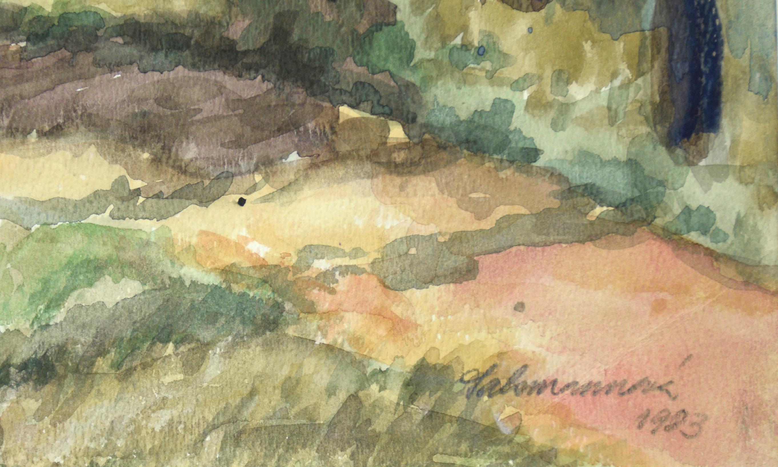 A Walk in the Woods - Original Aquarellgemälde 1983

Ein Aquarell aus üppigen, bunten Grüntönen bildet diesen bewaldeten Pfad mit Zypressen und Eichen, ein Naturwunderland für jeden Spaziergang an der Küste. Signiert vom Künstler František Salamánek
