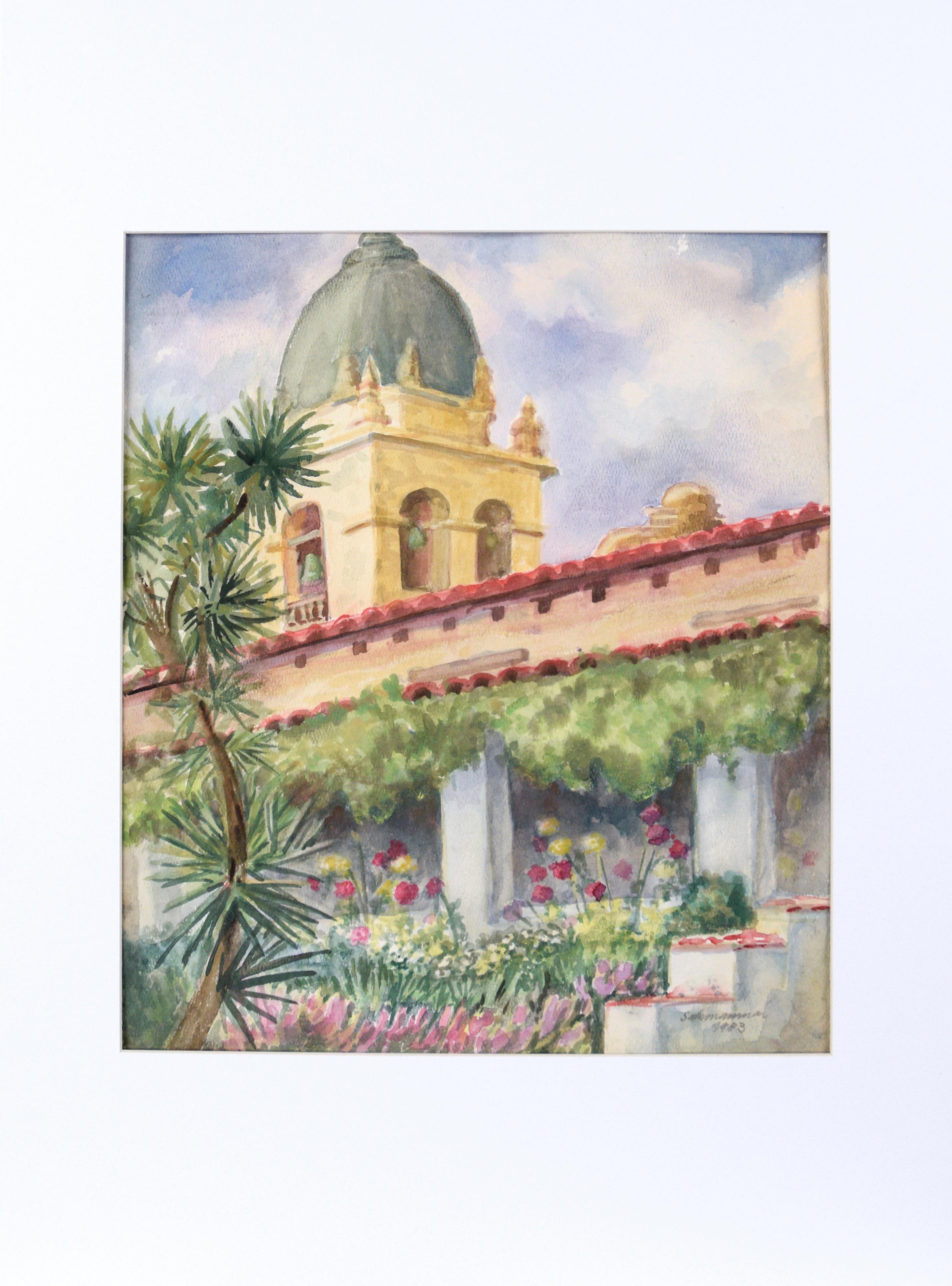 František Salamánek Landscape Art – Carmel Mission im frühen Frühjahr – Original-Aquarellgemälde 1983