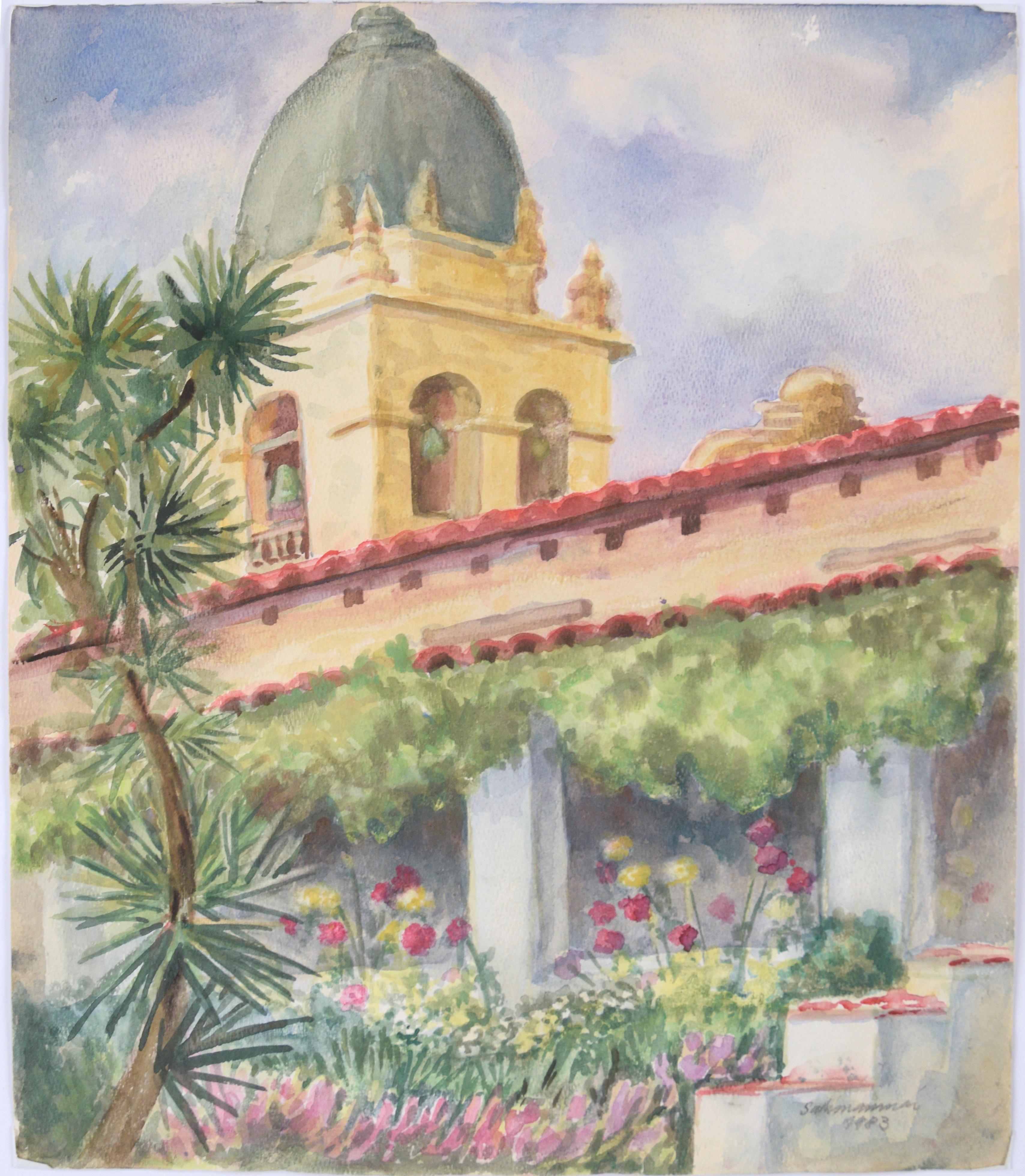 Carmel Mission in Early Spring - Original Watercolor Painting 1983

A vantage point from the backside of Camel Mission's cupola, this watercolor is brightly painted with spring flowers and framed by a palm and billowing cumulous clouds behind.