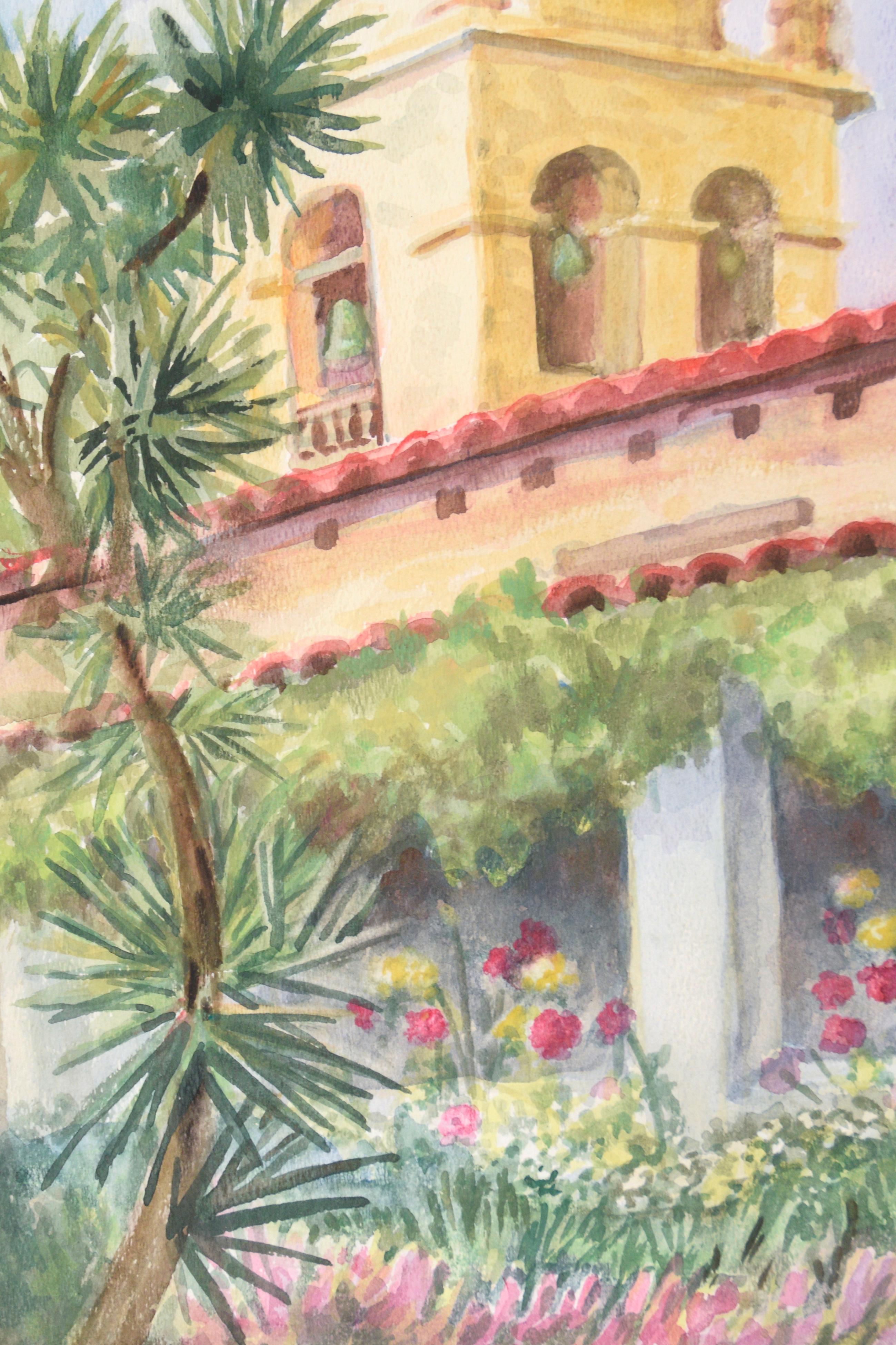 Carmel Mission in Early Spring - Original Watercolor Painting 1983 For Sale 1