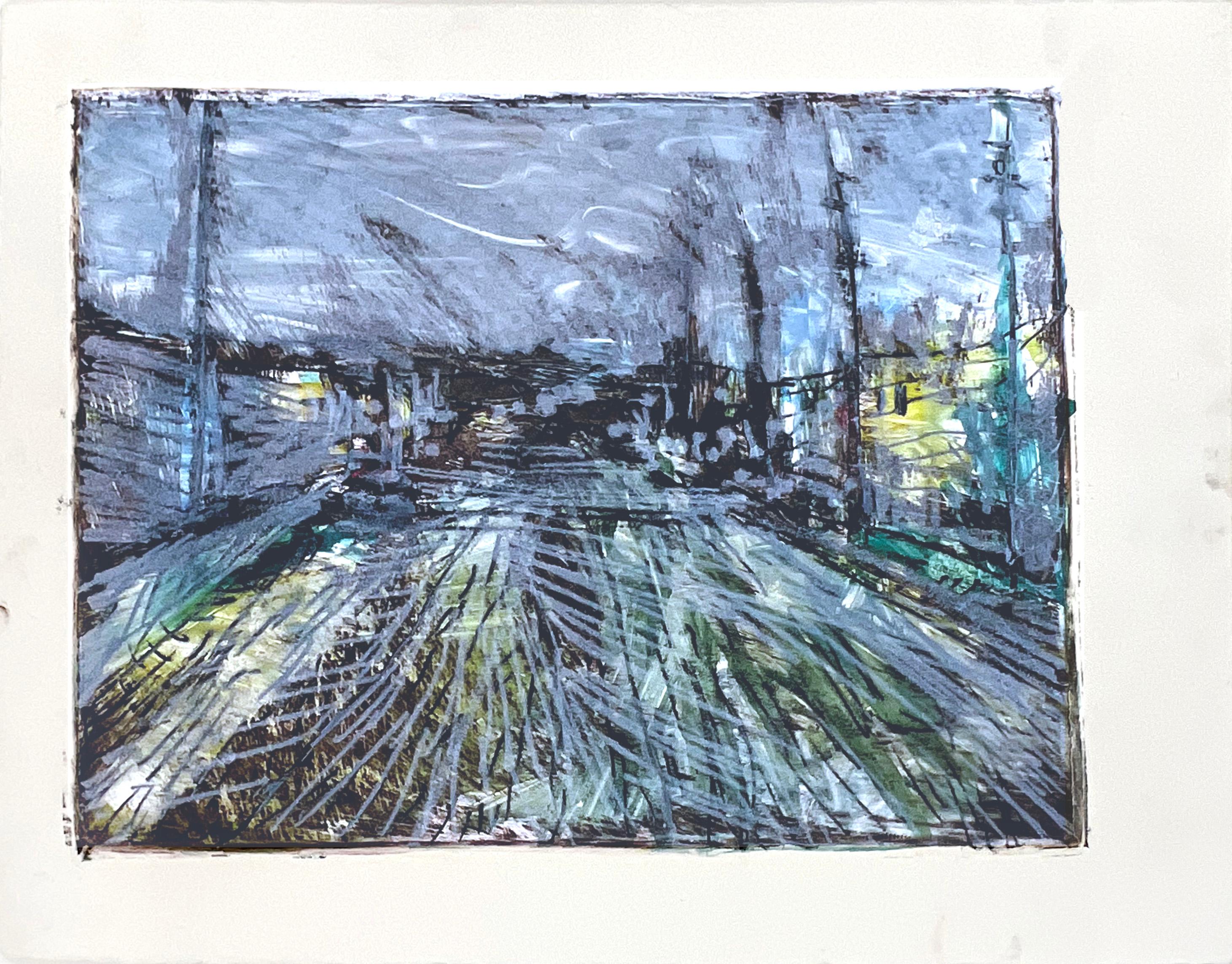 Abstract Expressionist Rue de Paris Oil on paper - Transfer Monotype - Art by Heather Speck