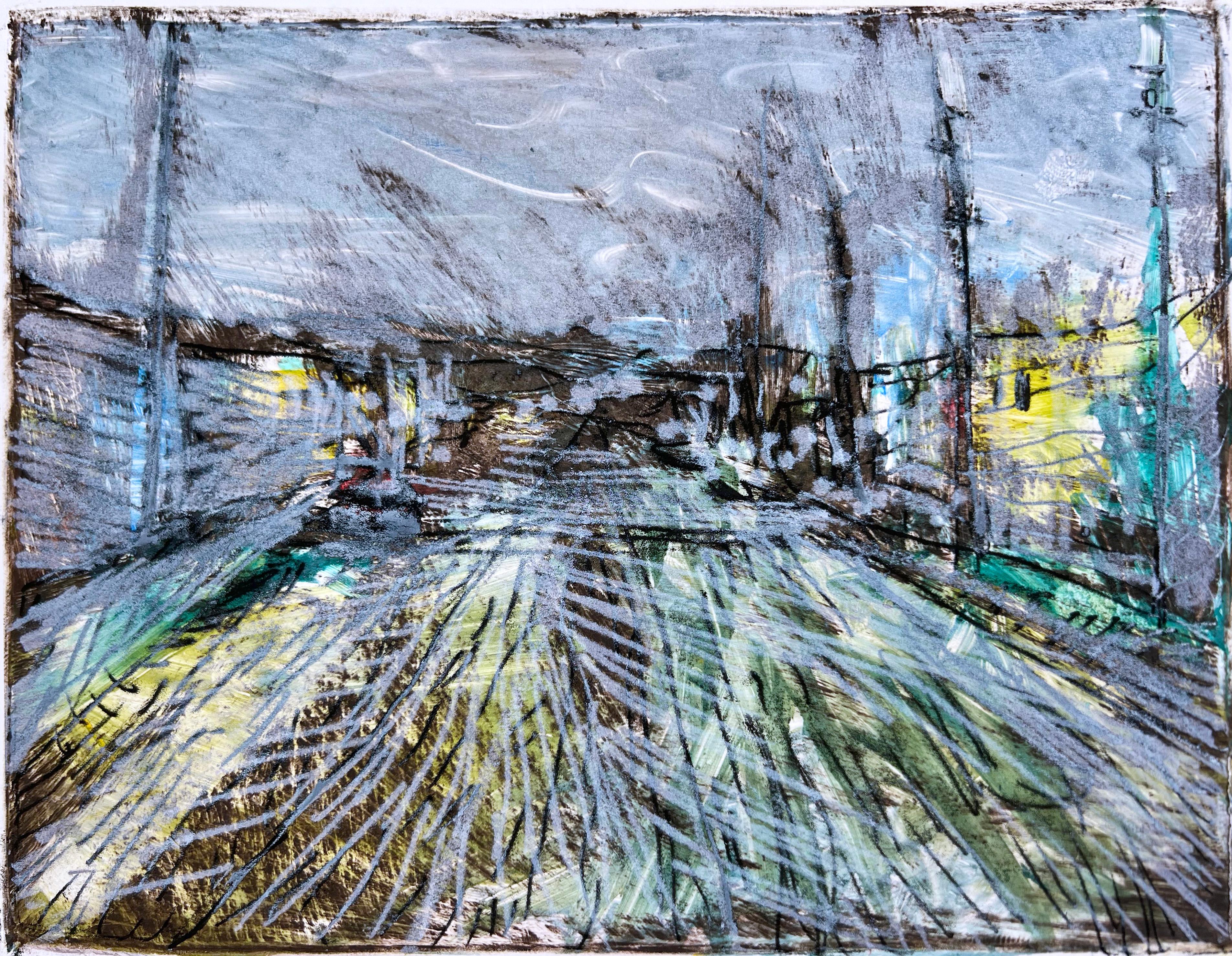 Abstract Expressionist Rue de Paris Oil on paper - Transfer Monotype For Sale 1