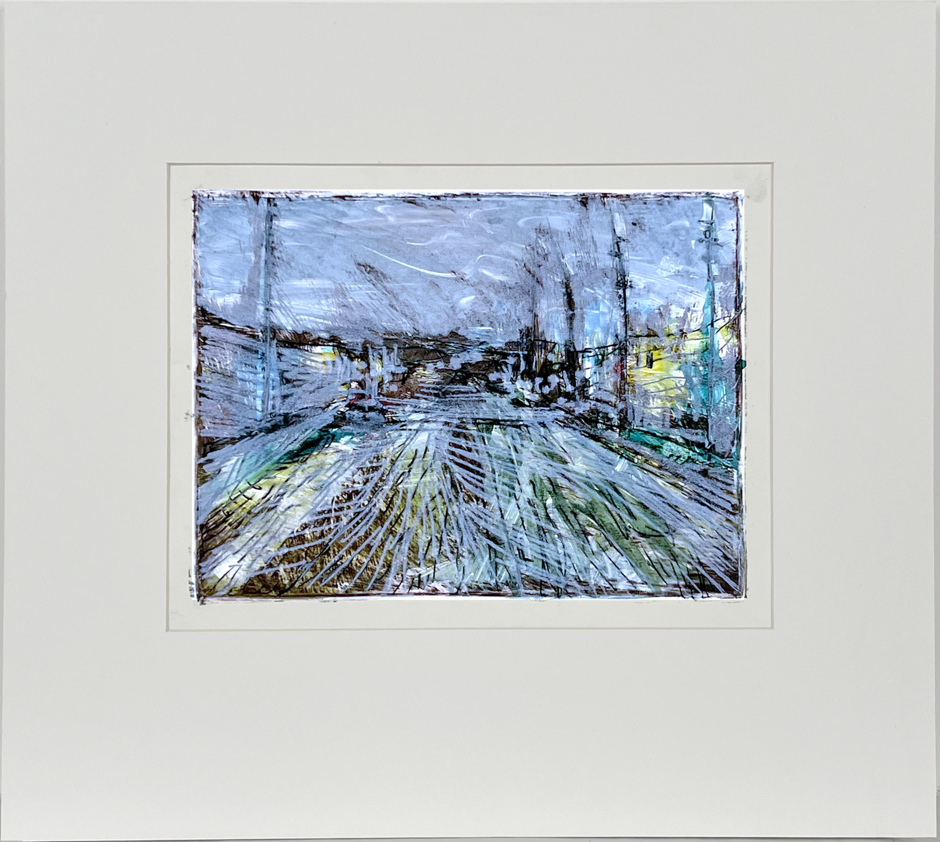 Abstrakt-expressionistische Rue de Paris, Öl auf Papier, Transfer-Monogramm