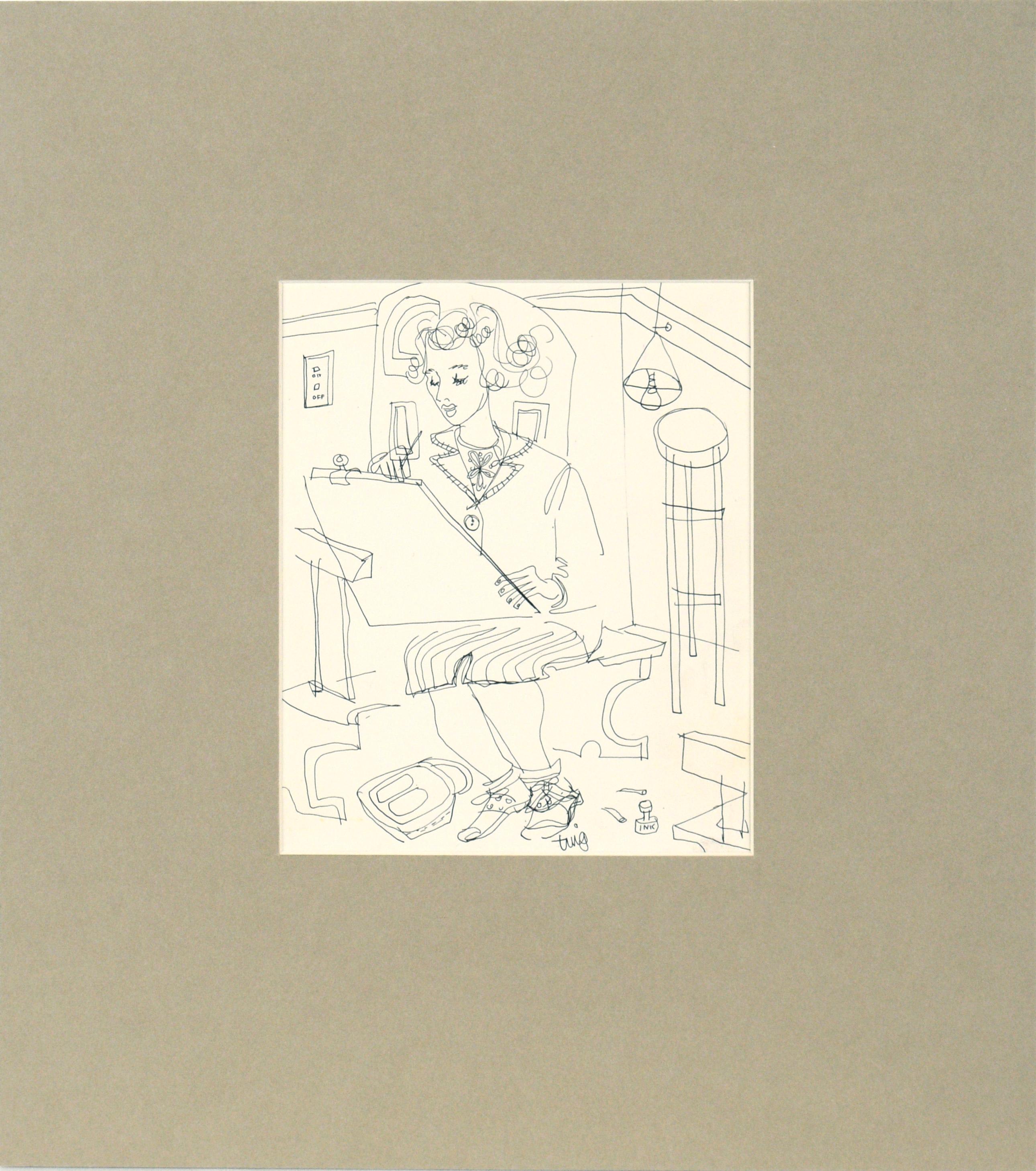 The Artist at Her Easel - Figürliches Zeichnen mit Stift auf Papier