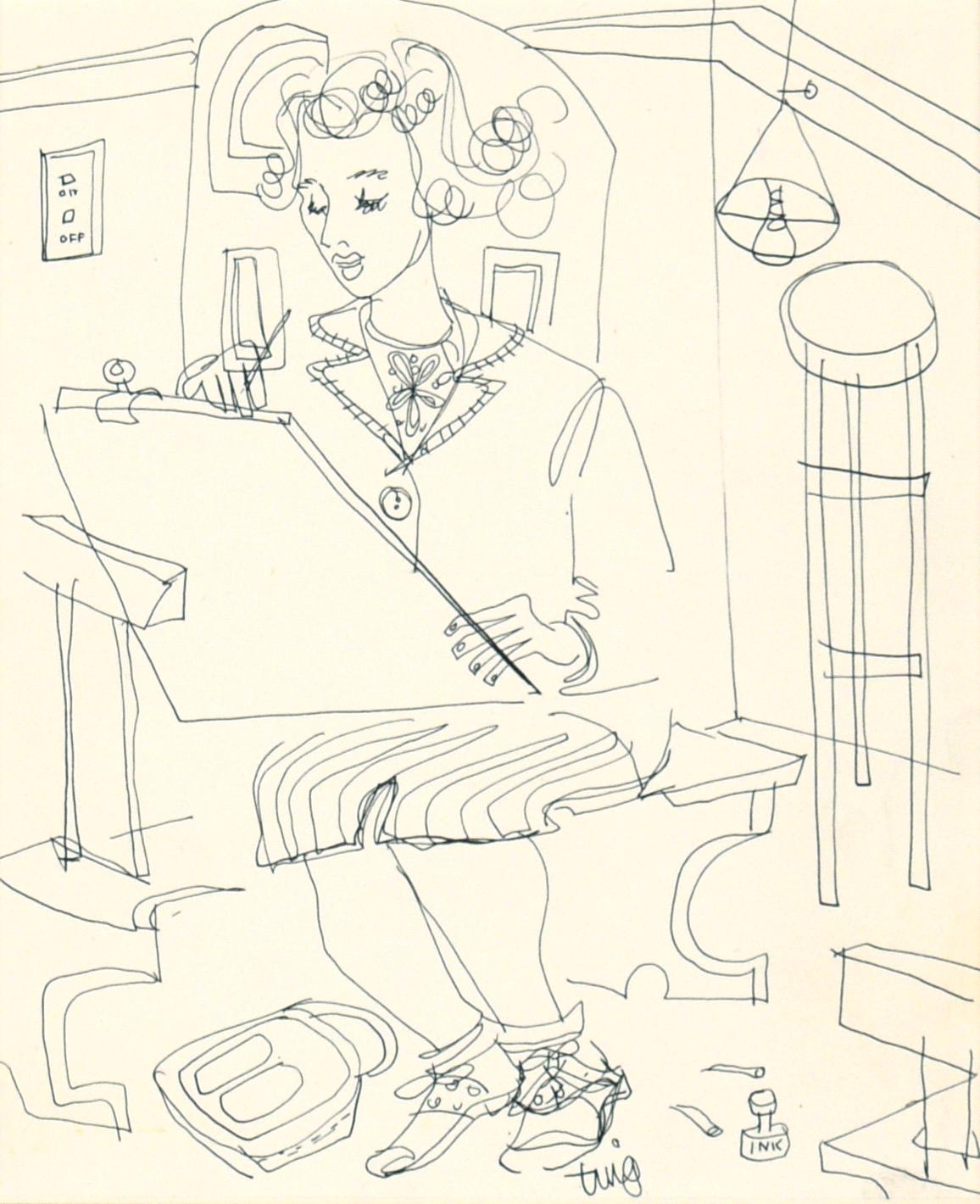 The Artist at Her Easel - Figurative Drawing in Pen on Paper

Stylized figurative drawing by unknown artist 