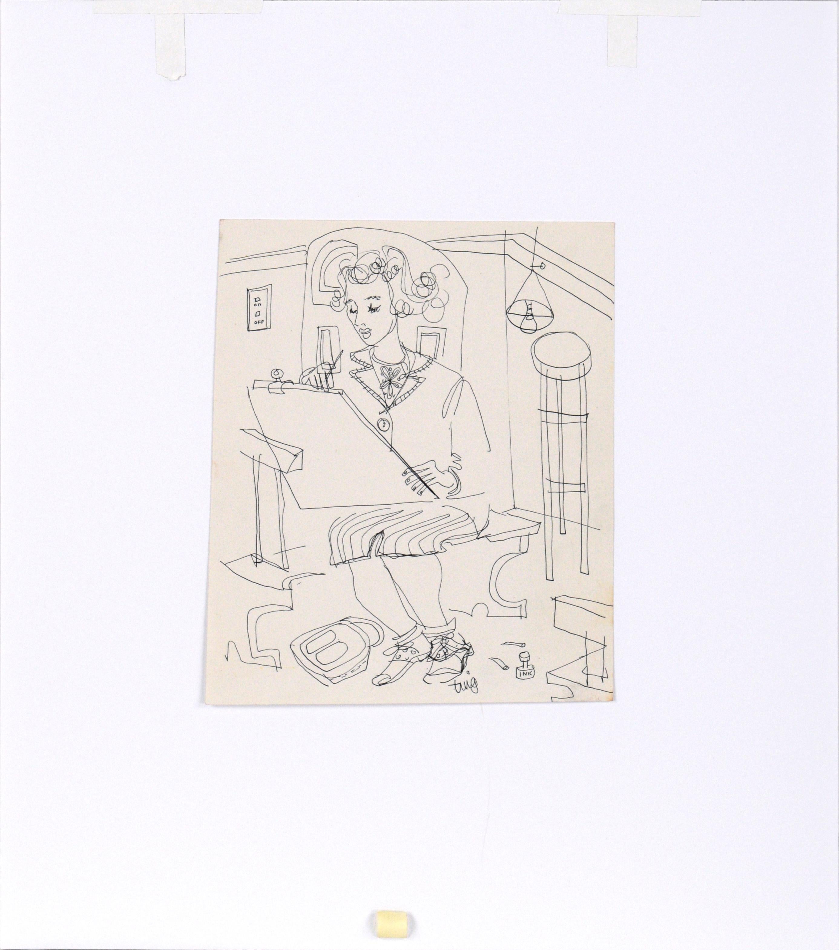 The Artist at Her Easel - Figürliches Zeichnen mit Stift auf Papier im Angebot 6