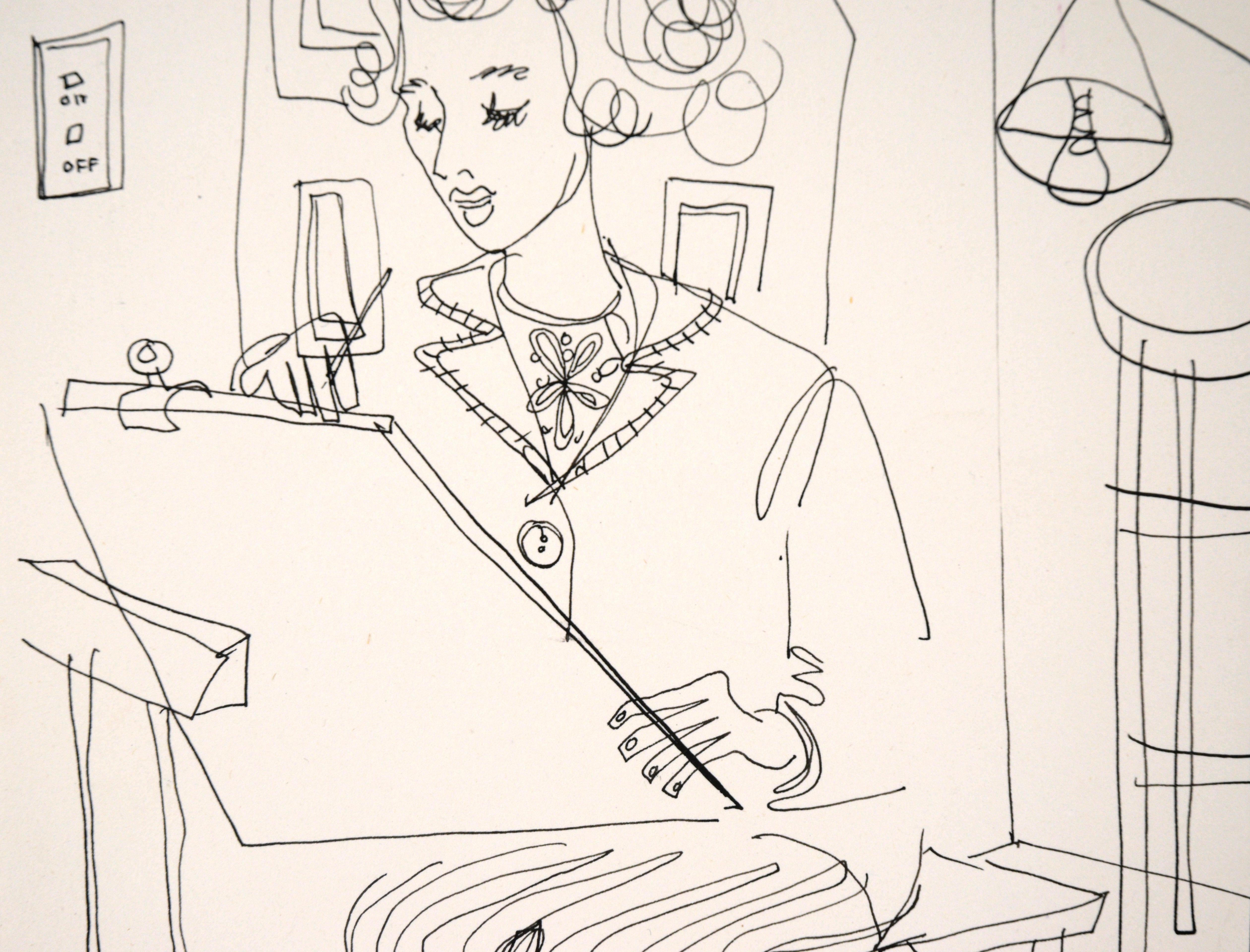 The Artist at Her Easel - Figurative Drawing in Pen on Paper For Sale 3