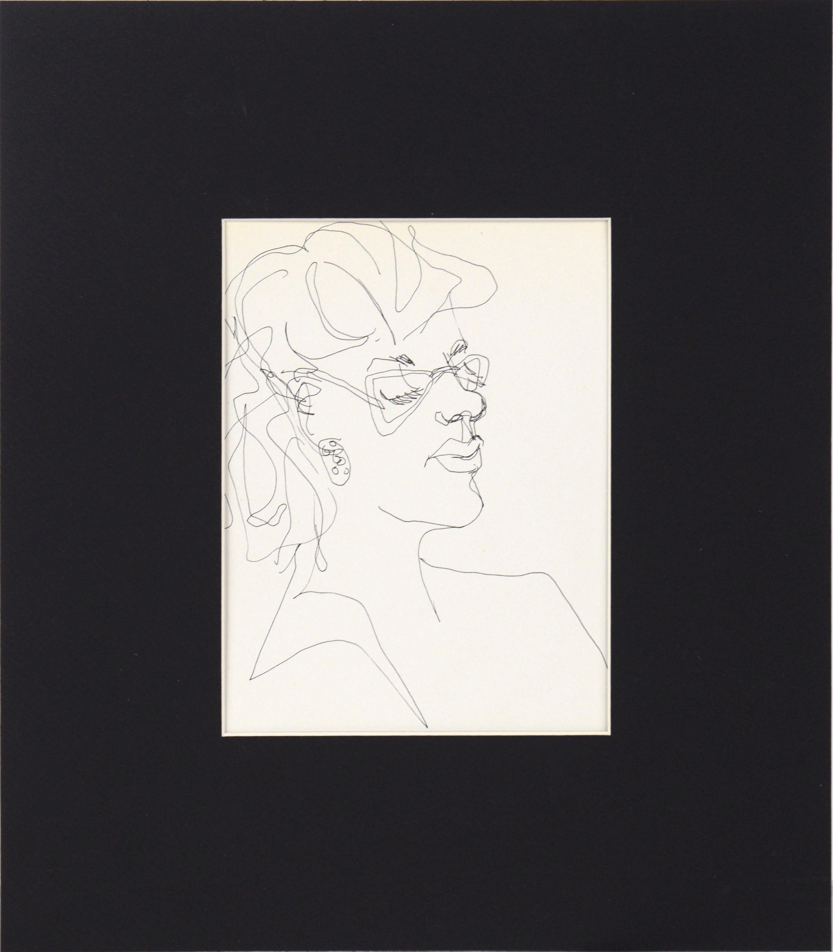 Portrait of a Woman with Glasses - Drawing in Pen on Paper - Art by Unknown