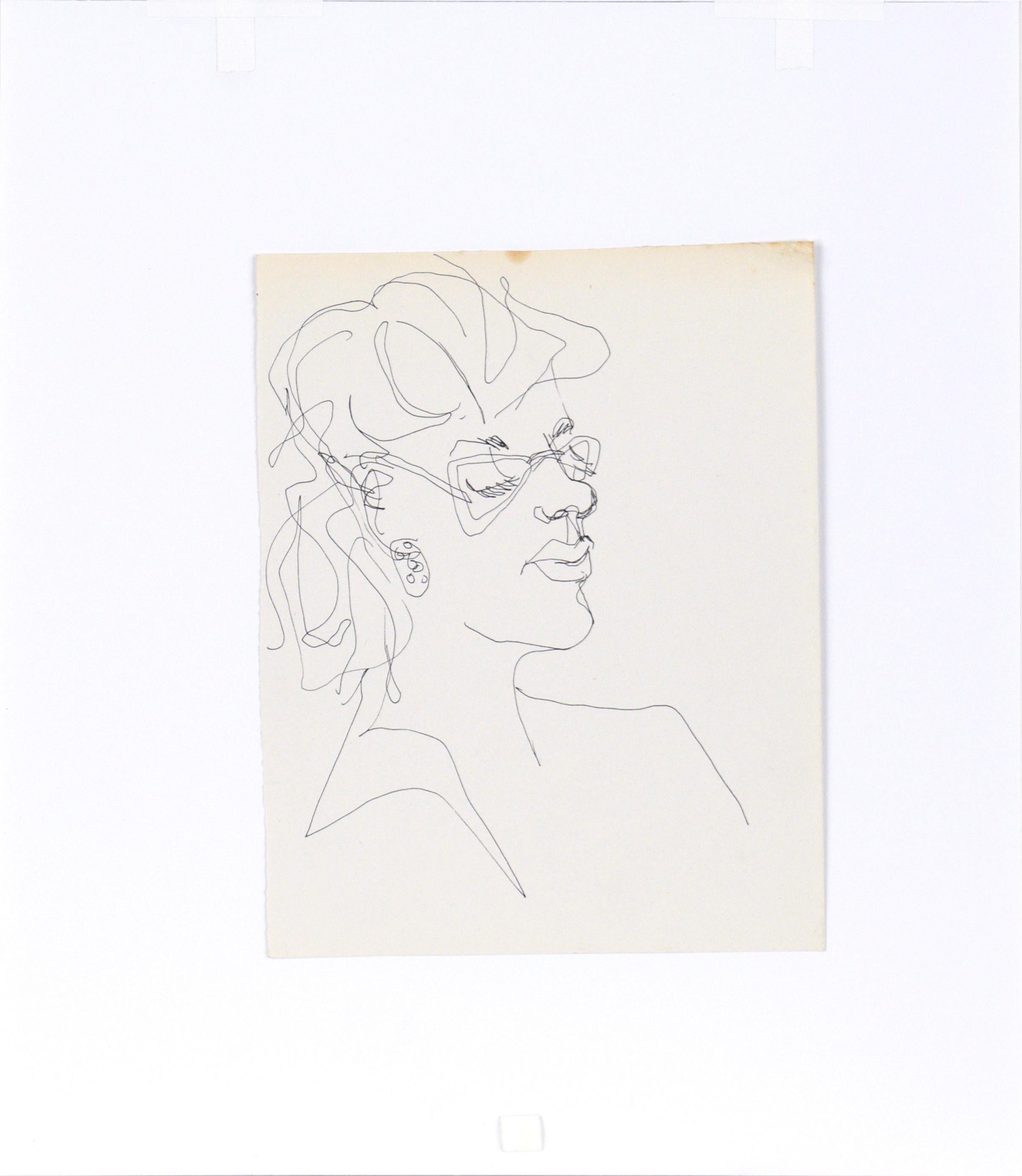 Portrait of a Woman with Glasses - Drawing in Pen on Paper For Sale 1