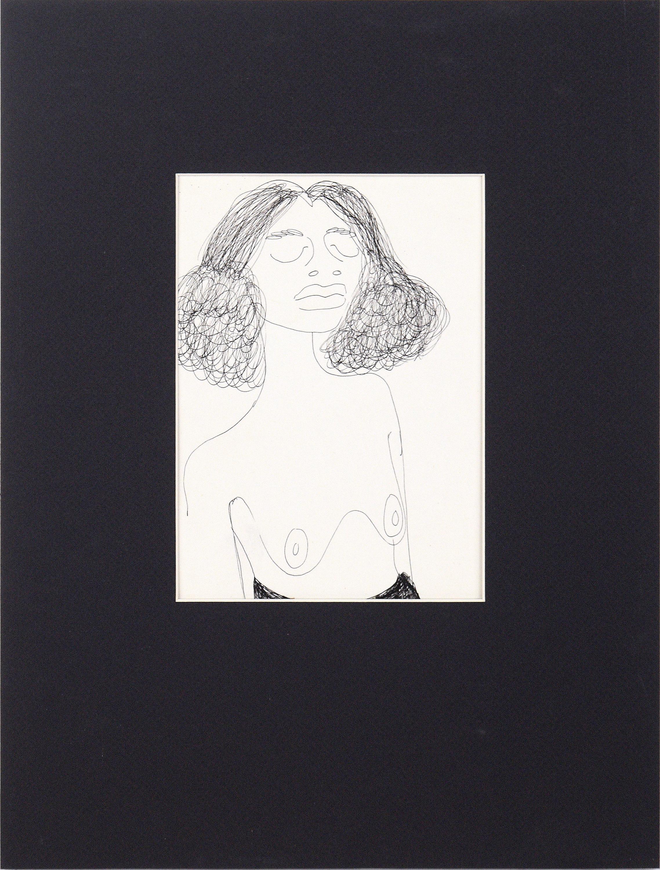 Unknown Figurative Art - Nude Portrait of a Woman with Curly Hair - Drawing in Pen on Paper Signed "Ting"