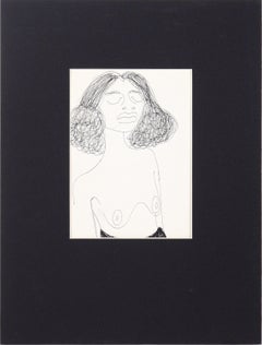 Portrait nu d'une femme aux cheveux bouclés - Dessin au stylo sur papier signé "Ting".