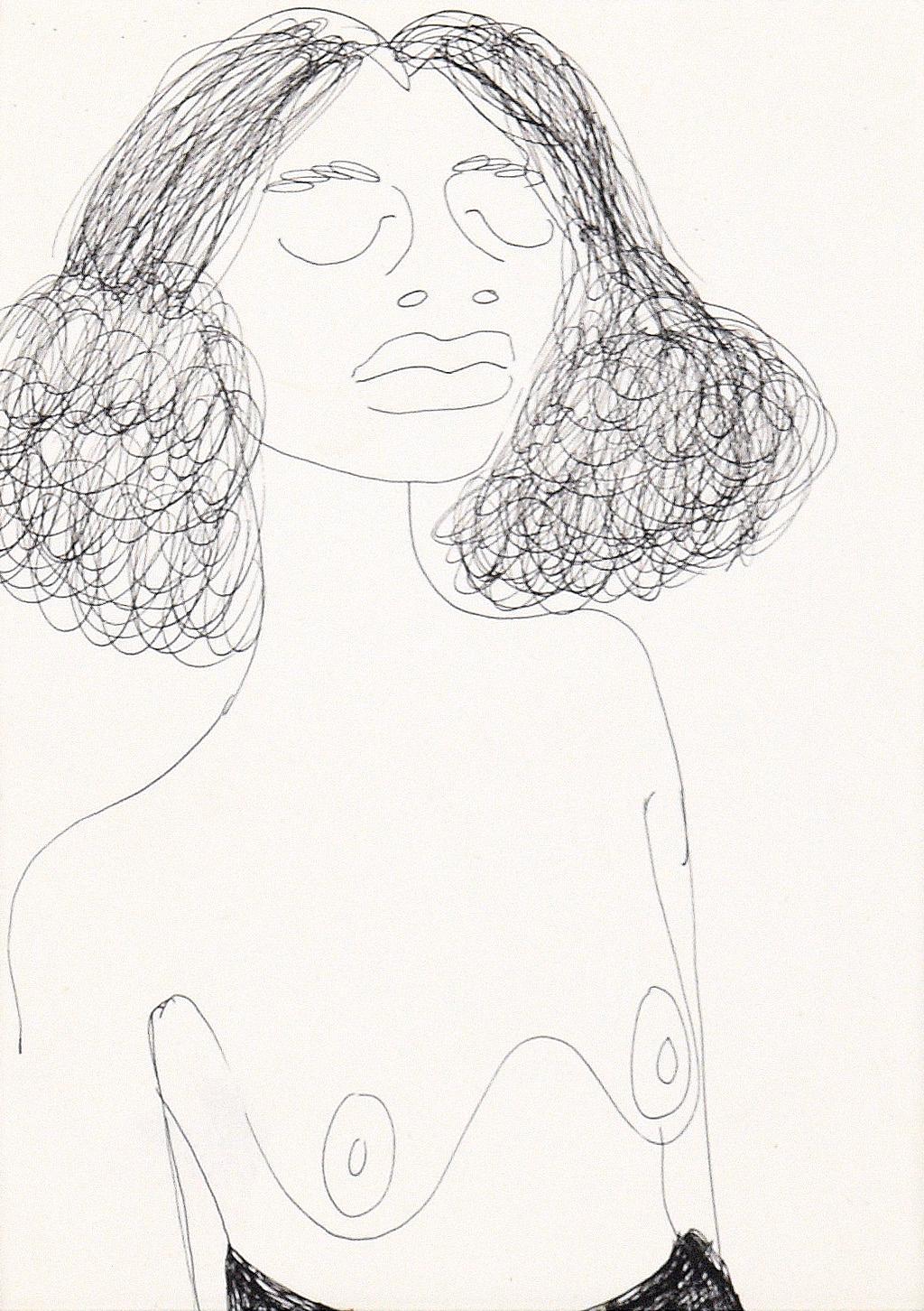 Aktbildnis einer Frau mit lockigem Haar - Federzeichnung auf Papier, signiert 