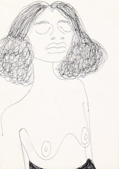 Nude Portrait of a Woman with Curly Hair - Drawing in Pen on Paper Signed "Ting"