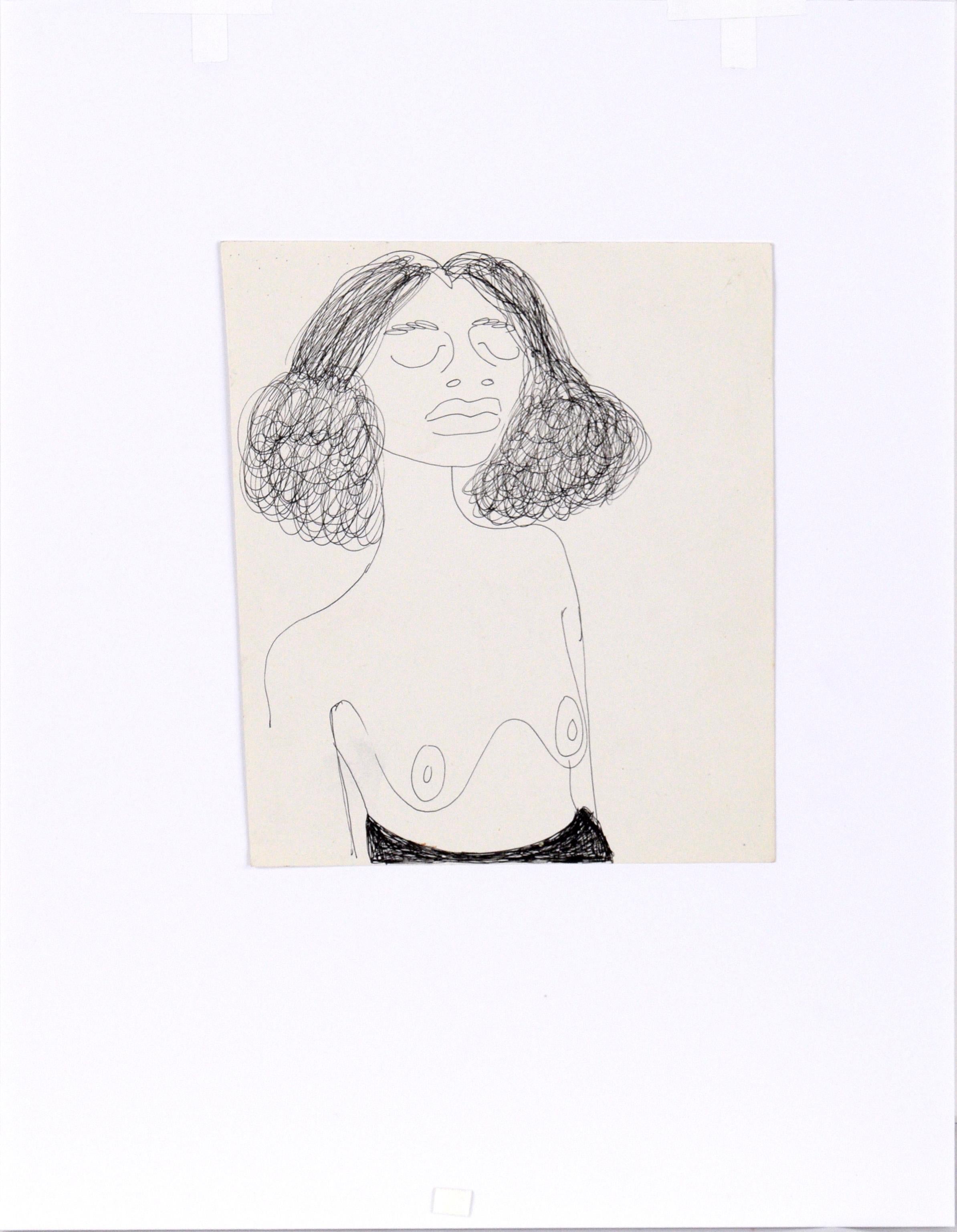 Nude Portrait of a Woman with Curly Hair - Drawing in Pen on Paper Signed 