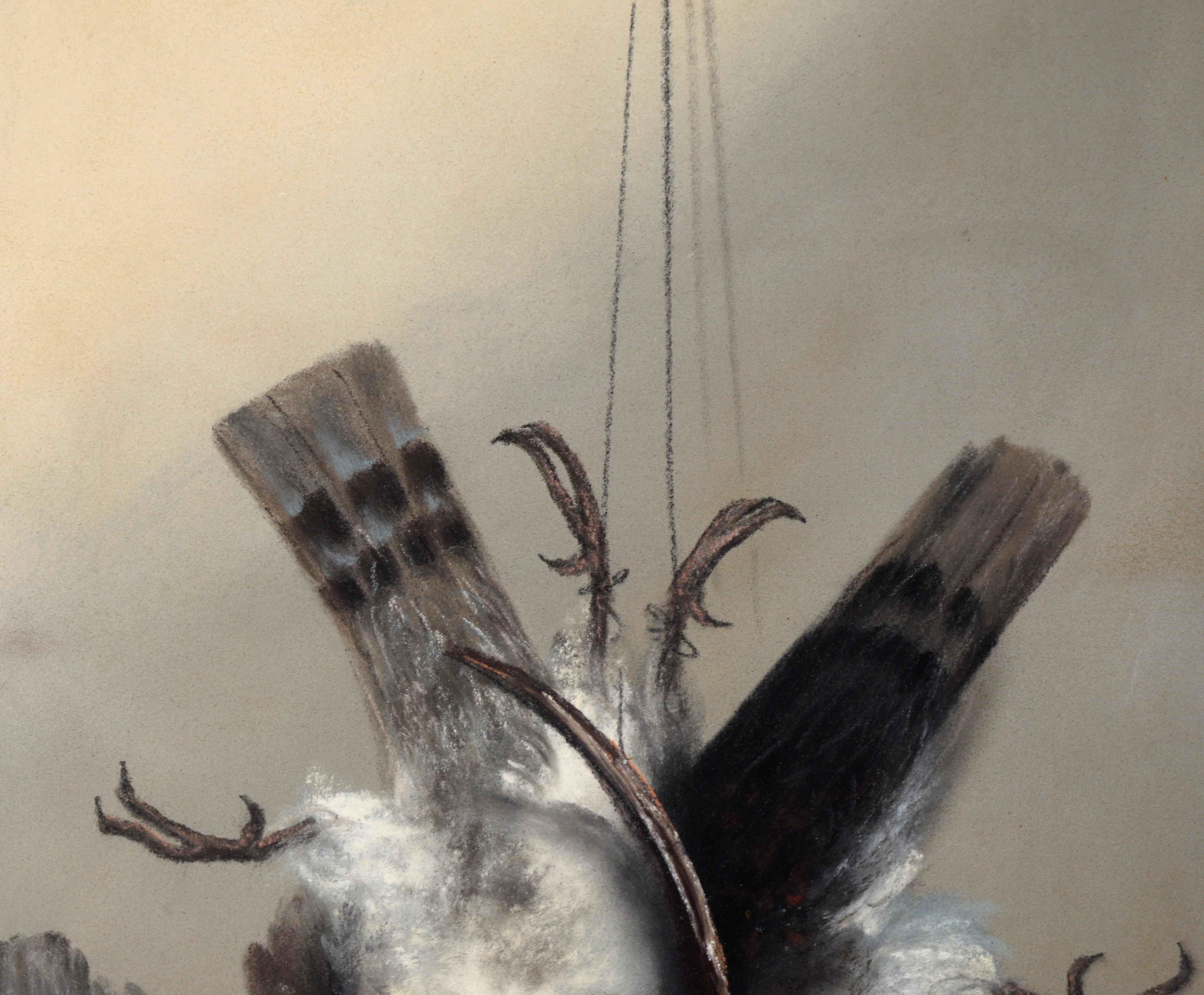 Deux oiseaux de jeu - Style trompe-l'œil au pastel sur papier - Victorien Art par L V Seely