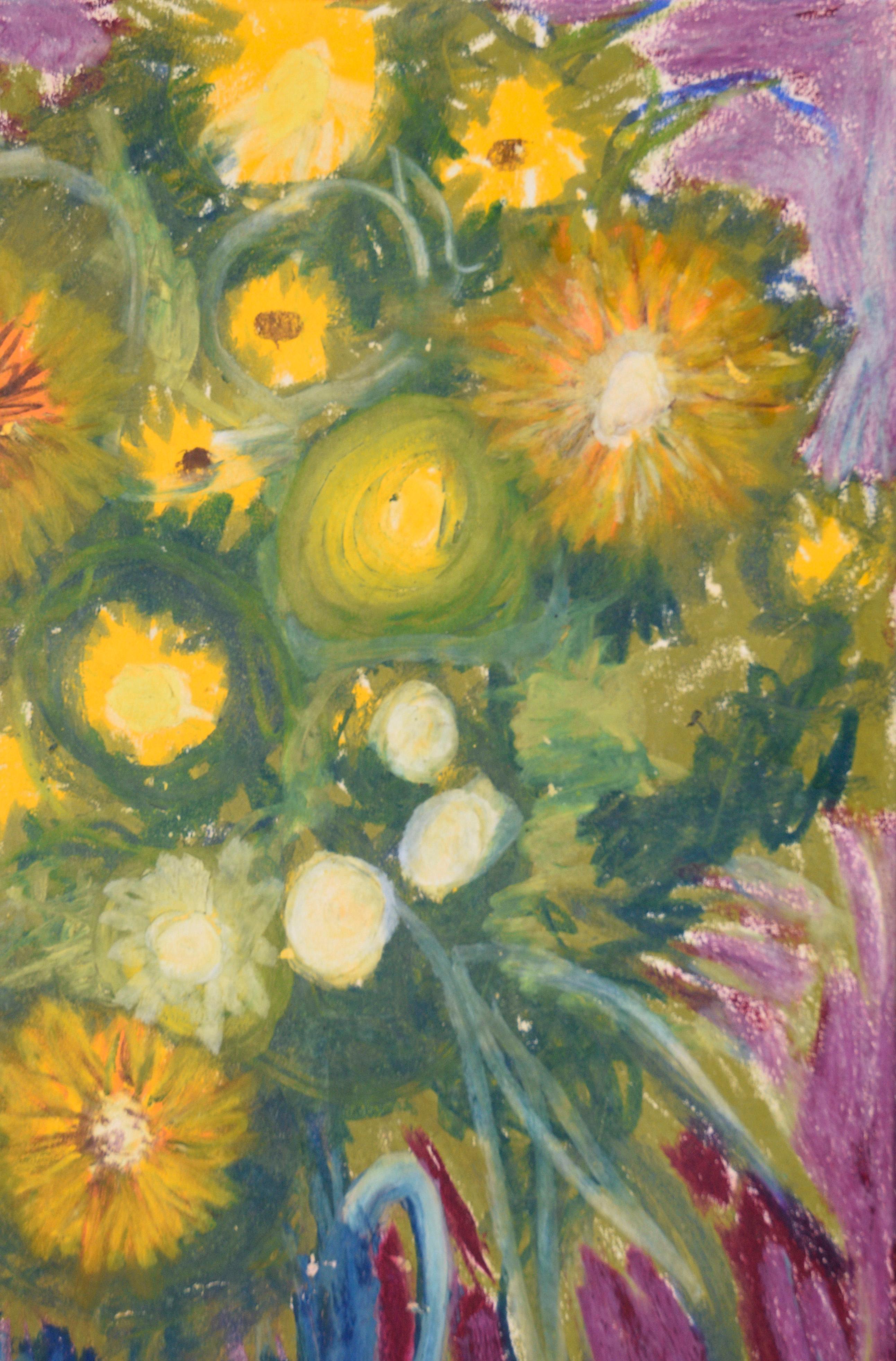 Daisies and Sunflowers - Still Life Oil Pastel on Paper

This fun, quirky oil pastel by a David Mark (American, 20th C) features bright, abstract yellow and white flowers with contrasting greens and blues of foliage and a blue vase on a vivid