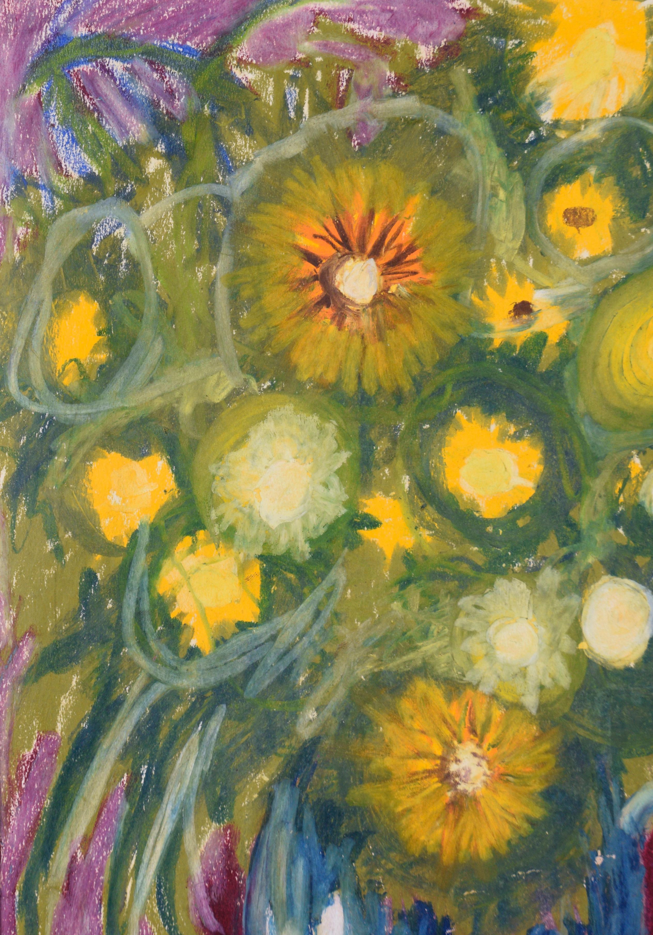 Daisies and Sunflowers - Still Life Oil Pastel on Paper - Abstract Impressionist Art by David Mark