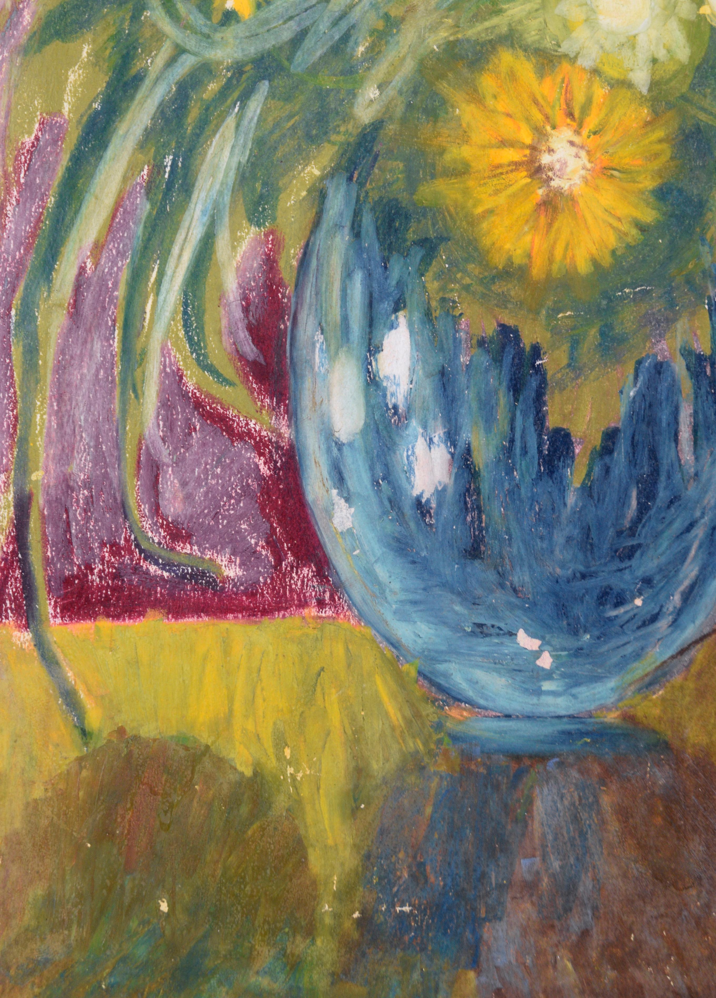 Daisies und Sonnenblumen – Stillleben, Ölpastell auf Papier im Angebot 1