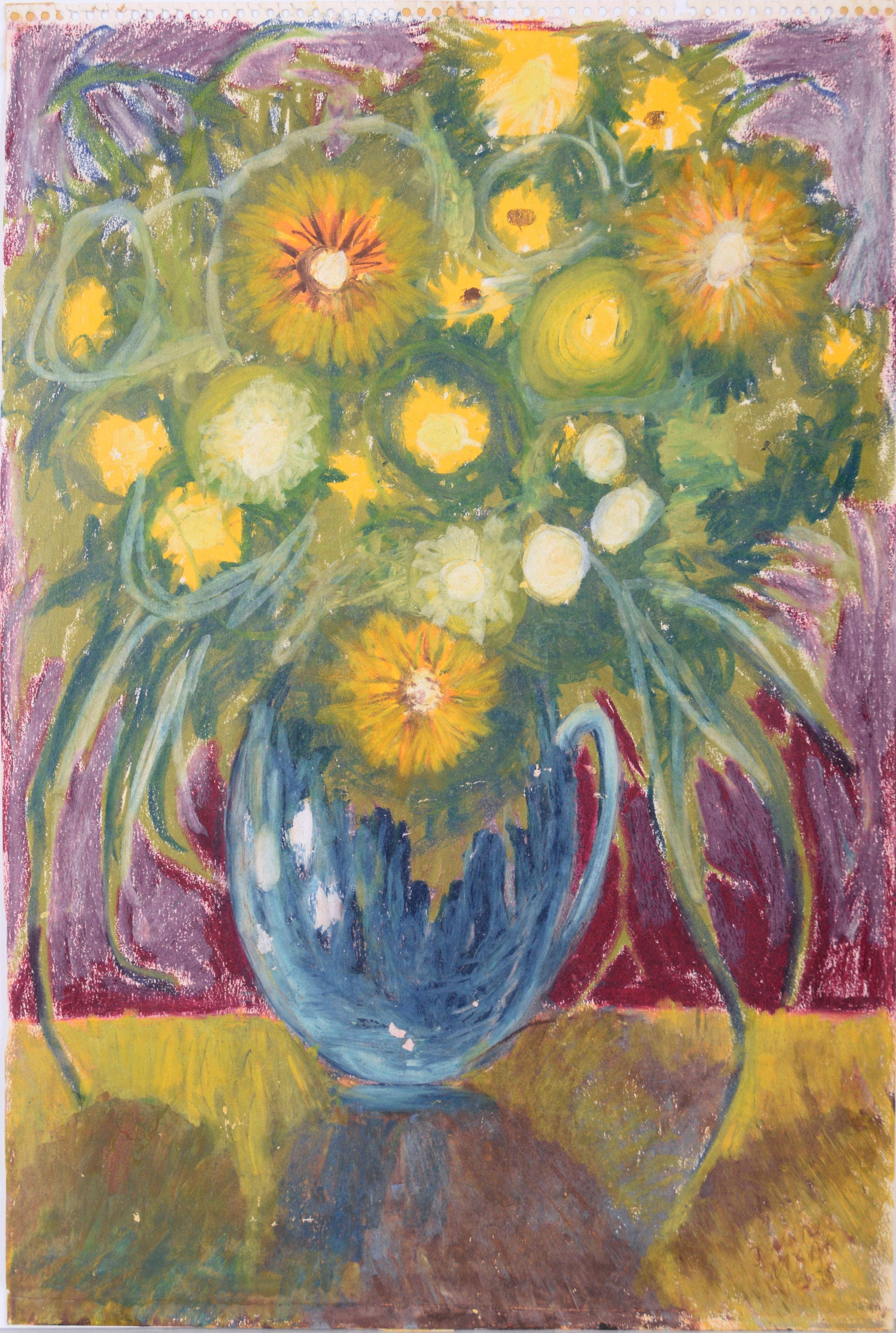 Daisies und Sonnenblumen – Stillleben, Ölpastell auf Papier – Art von David Mark